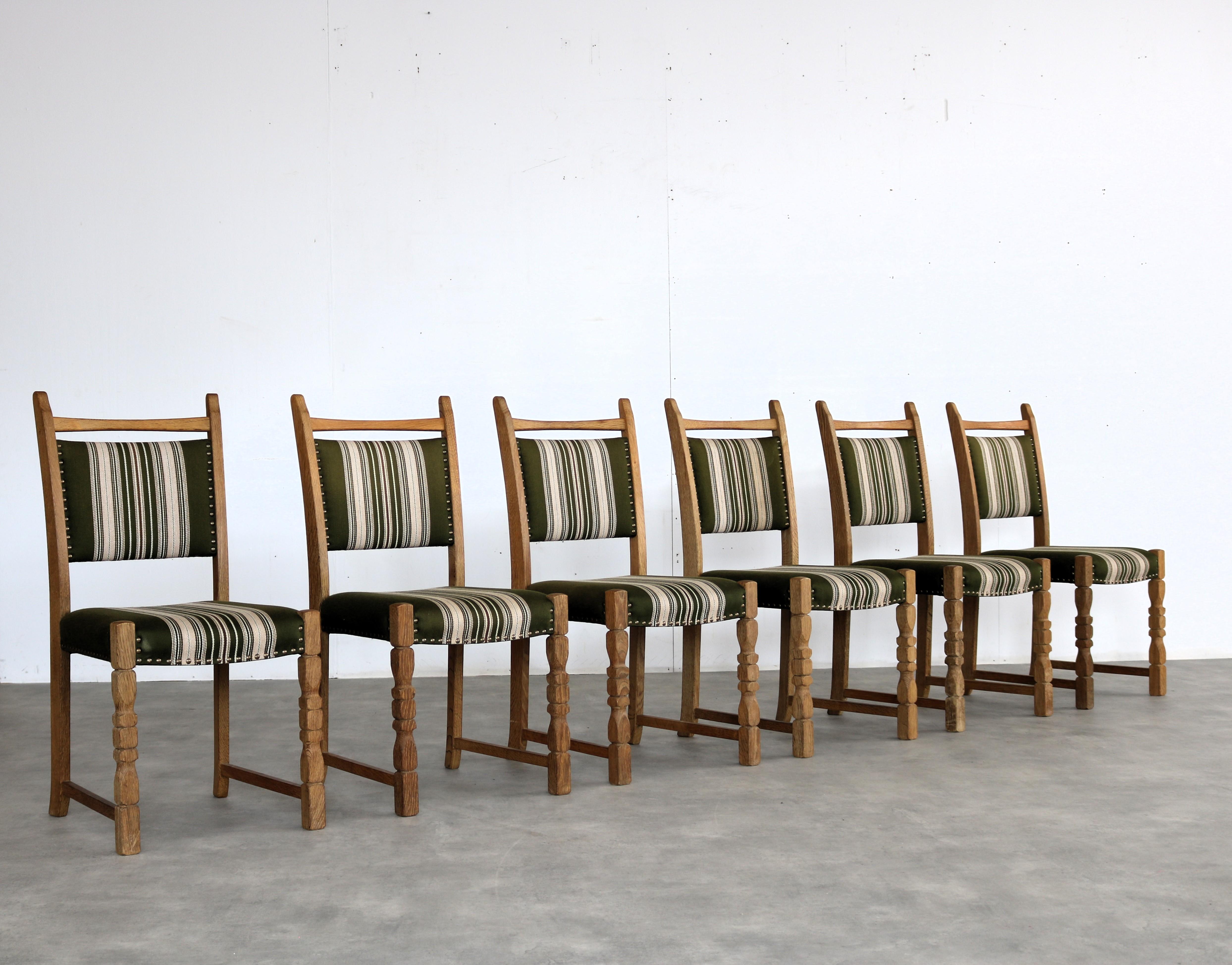 brutalist dining chairs  vintage chairs  1960s  oak

period  1960s
design  style Henning Kjaernulf  Denmark
condition  good  minor signs of use
size  94 x 45 x 50 (hxbxd)

details  oak; upholstery; set of 6; 

item number  2800