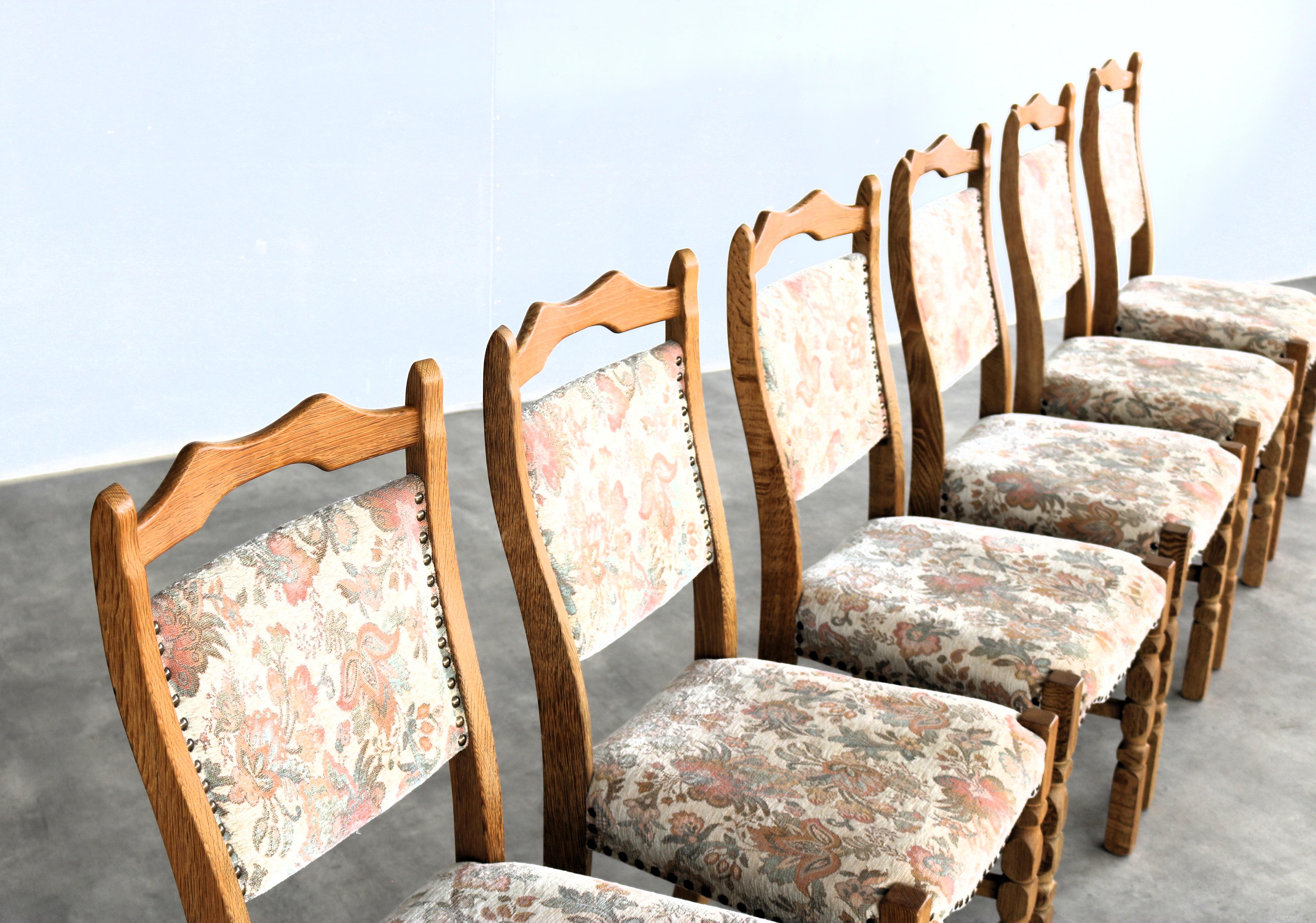 Fabric brutalist dining chairs  vintage chairs  1960s  oak For Sale