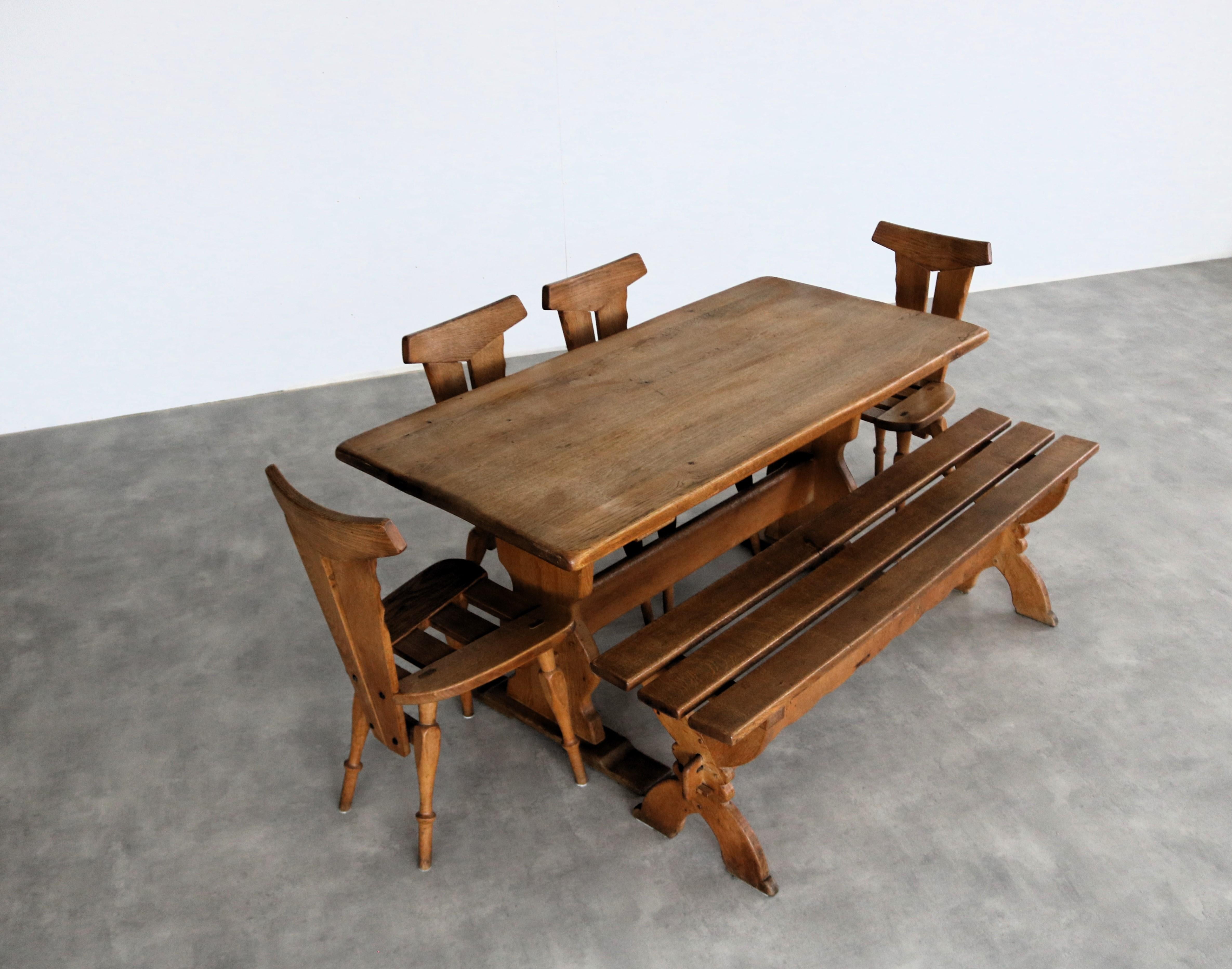 Oak Brutalist dining room set  dining table  chairs  1940s