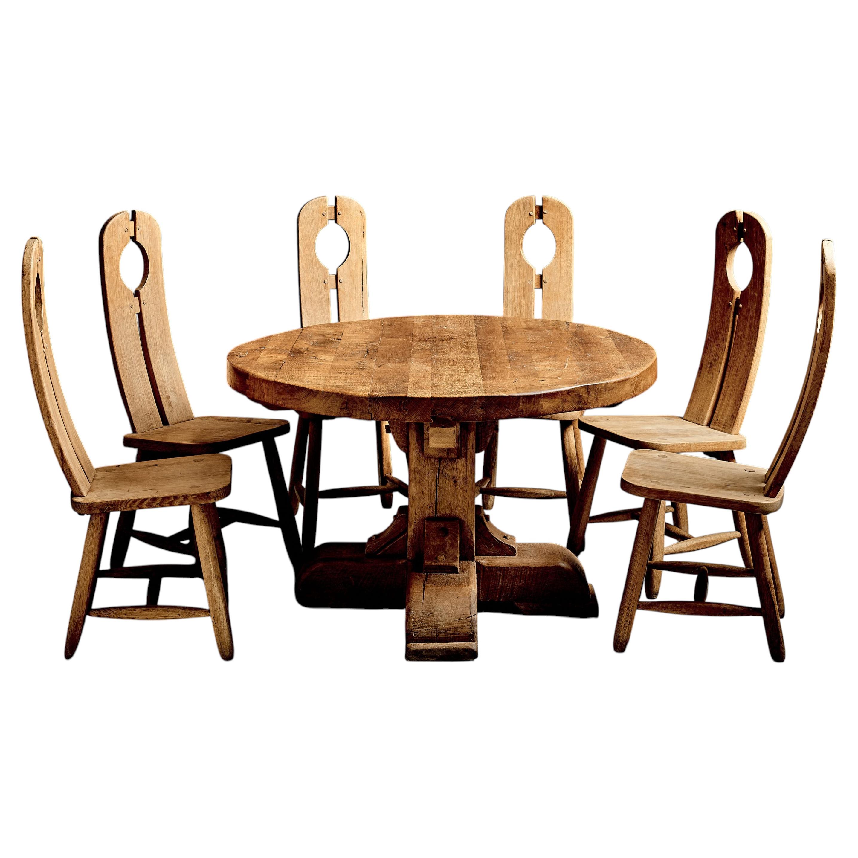 Brutalist Dining Room Set in solid oak by De Puydt, Belgium, 1970s