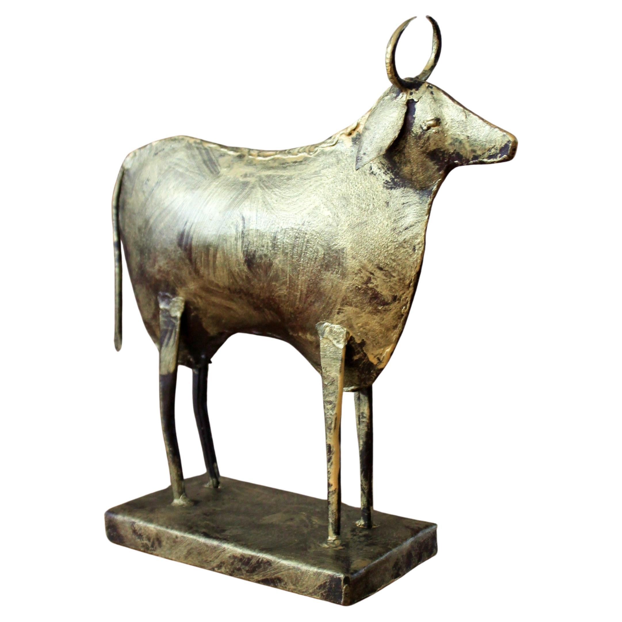Brutalist Direct Metal Bull Sculpture Yahweh, Gilt Polychroming Stock Market For Sale