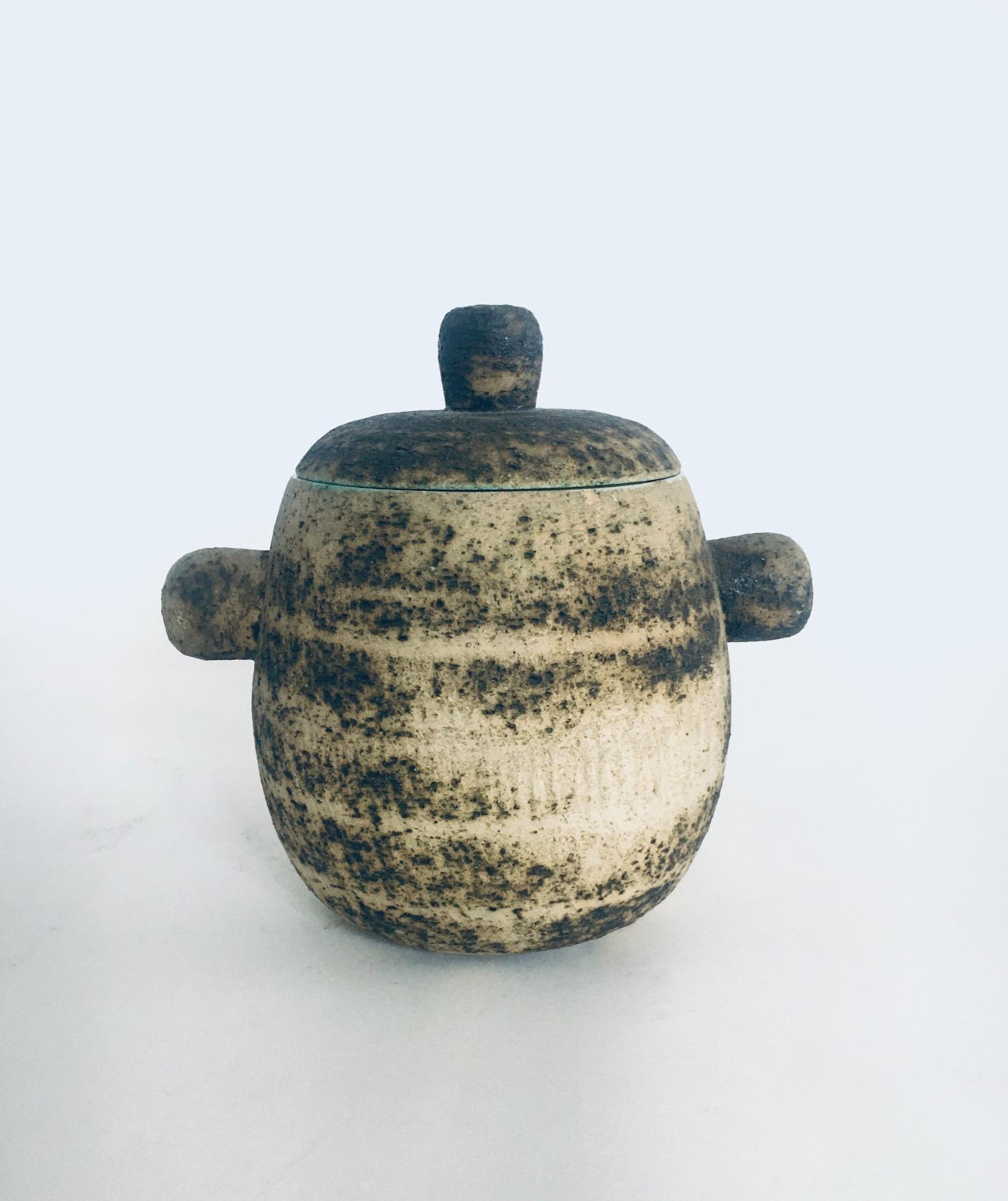 Vintage Brutalist Design Art Ceramic Pot by Pieter Groeneveldt in Birch Bark decor. Made in the Netherlands, 1960's period. Stamped on the bottom: Made in Holland. Birch Bark outside and pale blue gloss glaze on the inside of this pot. Two handles