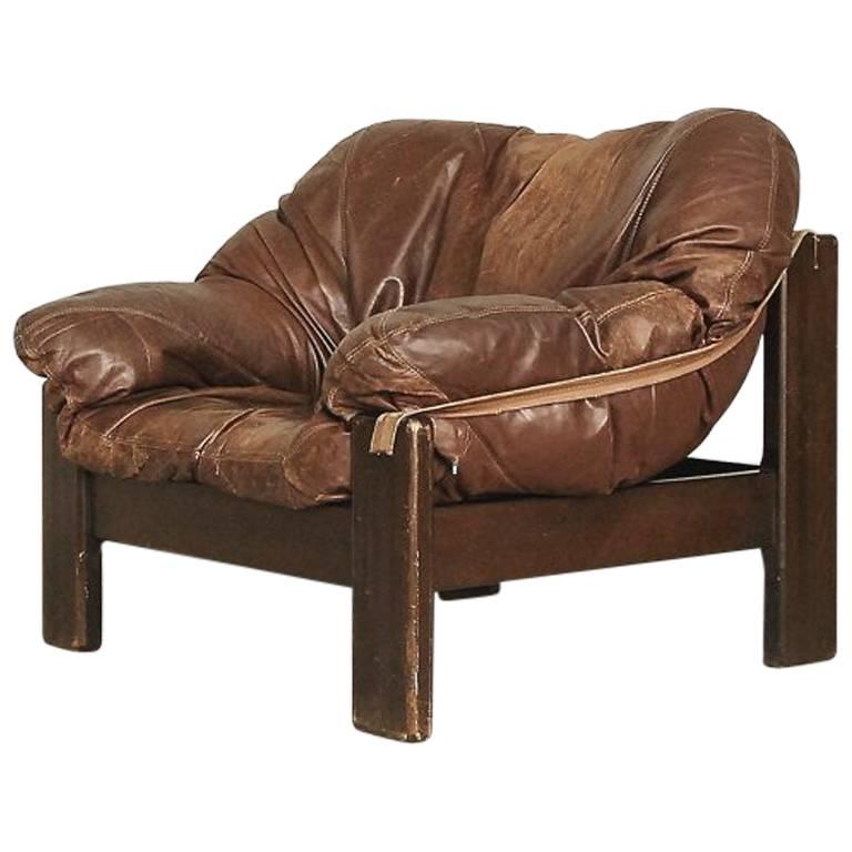 Brutalist Dutch Leather Lounge Chair from Leolux, 1960s