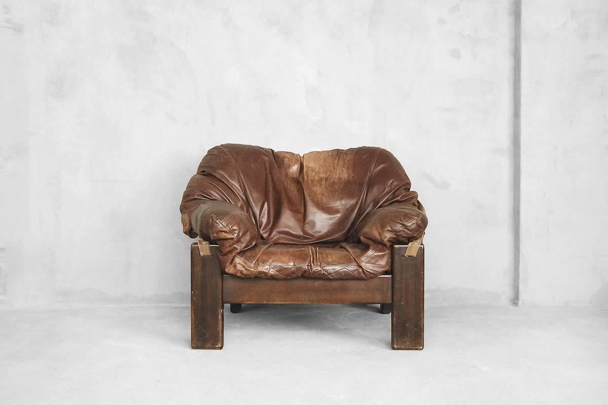 Brutalist Dutch Leather Lounge Chair from Leolux, 1960s 4