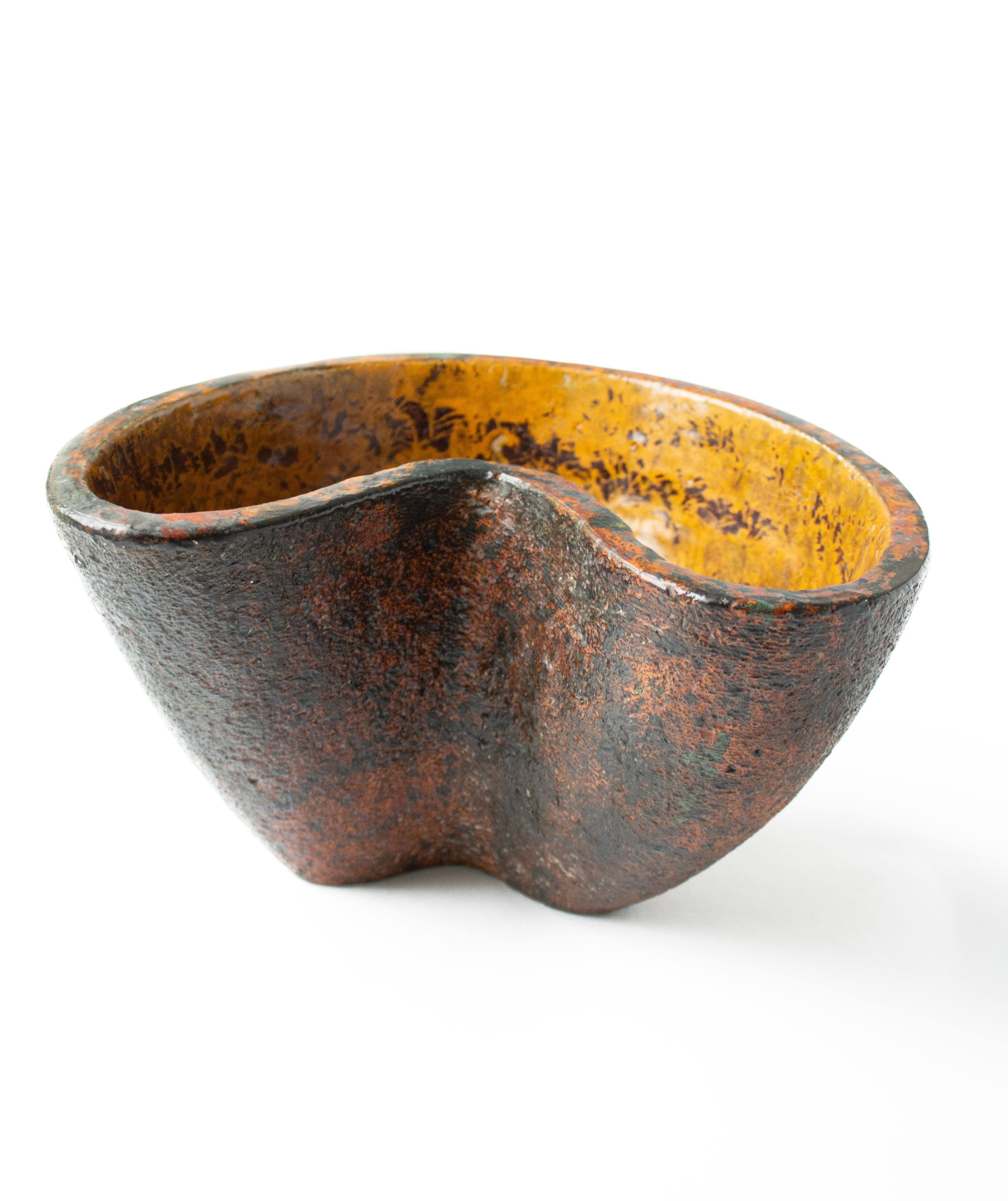 Brutalist Earthenware Vase in Yellow, and Orange by Hans Hedberg, Biot France For Sale 2