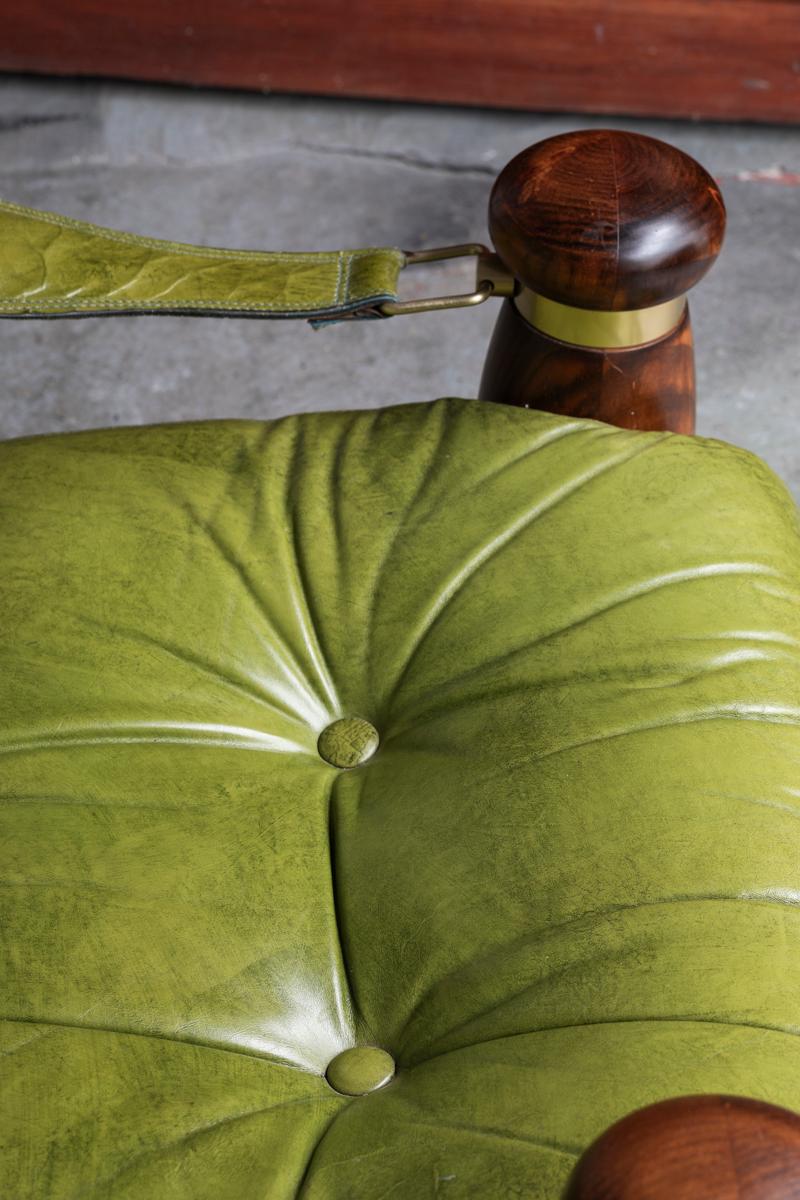 Brutalist Easy Chairs with Hocker, Green Leather & Brass Details, Italy, 1970s 4