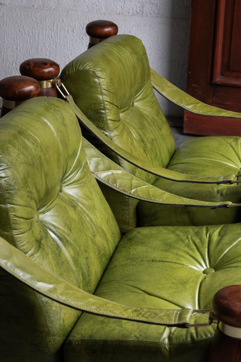 Brutalist Easy Chairs with Hocker, Green Leather & Brass Details, Italy, 1970s 5