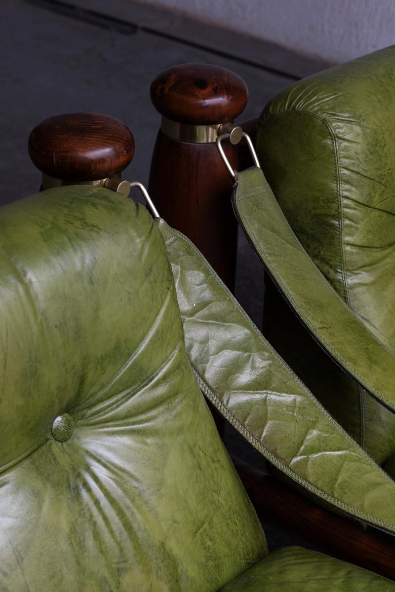 Brutalist Easy Chairs with Hocker, Green Leather & Brass Details, Italy, 1970s 6