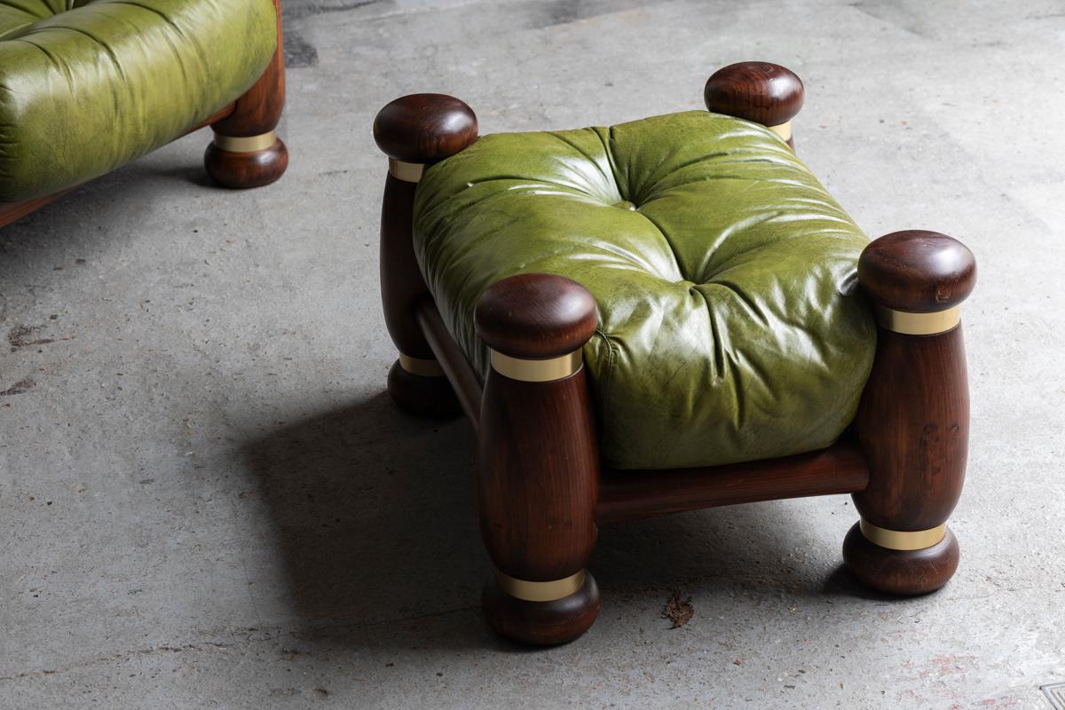 Brutalist Easy Chairs with Hocker, Green Leather & Brass Details, Italy, 1970s 12