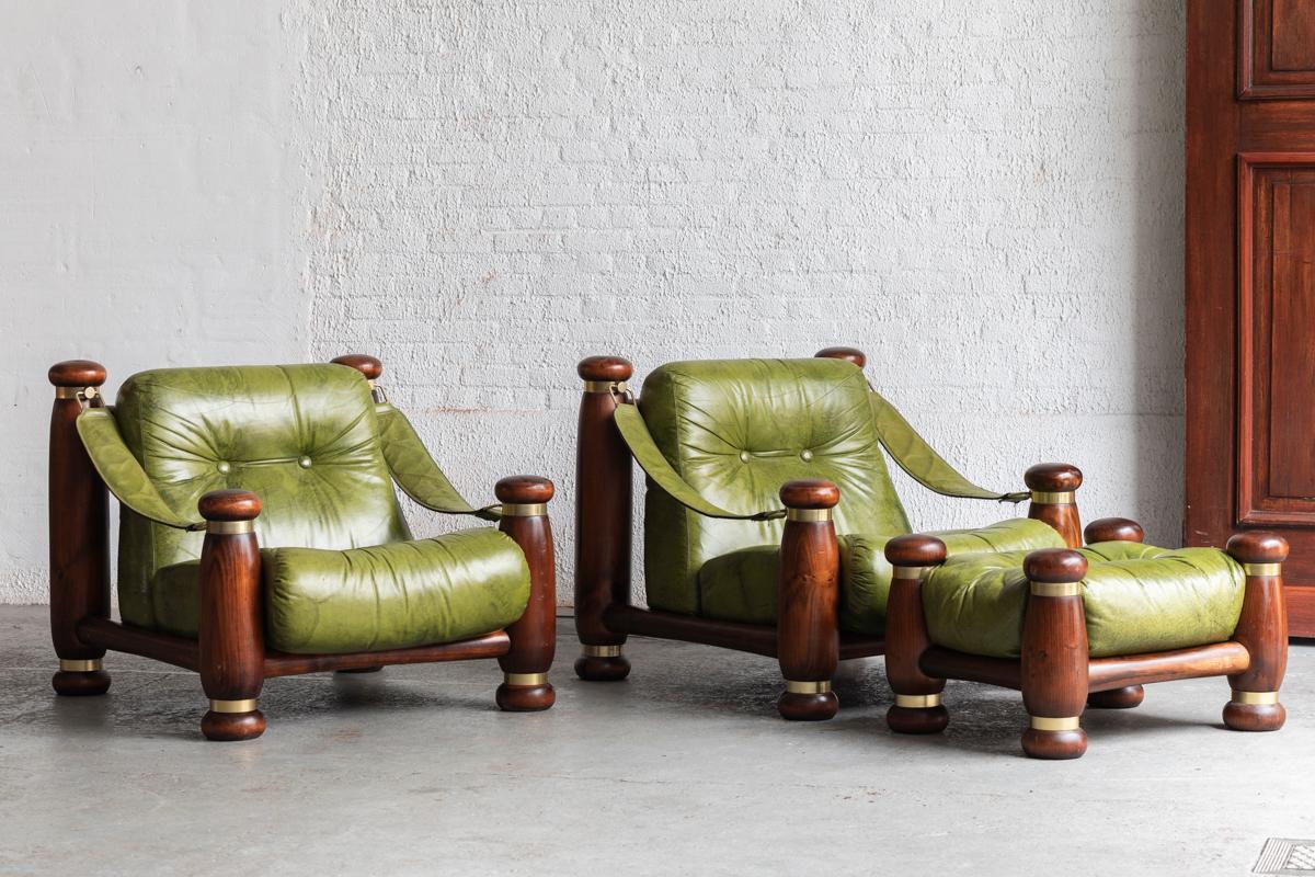Brutalist Easy Chairs with Hocker, Green Leather & Brass Details, Italy, 1970s 13