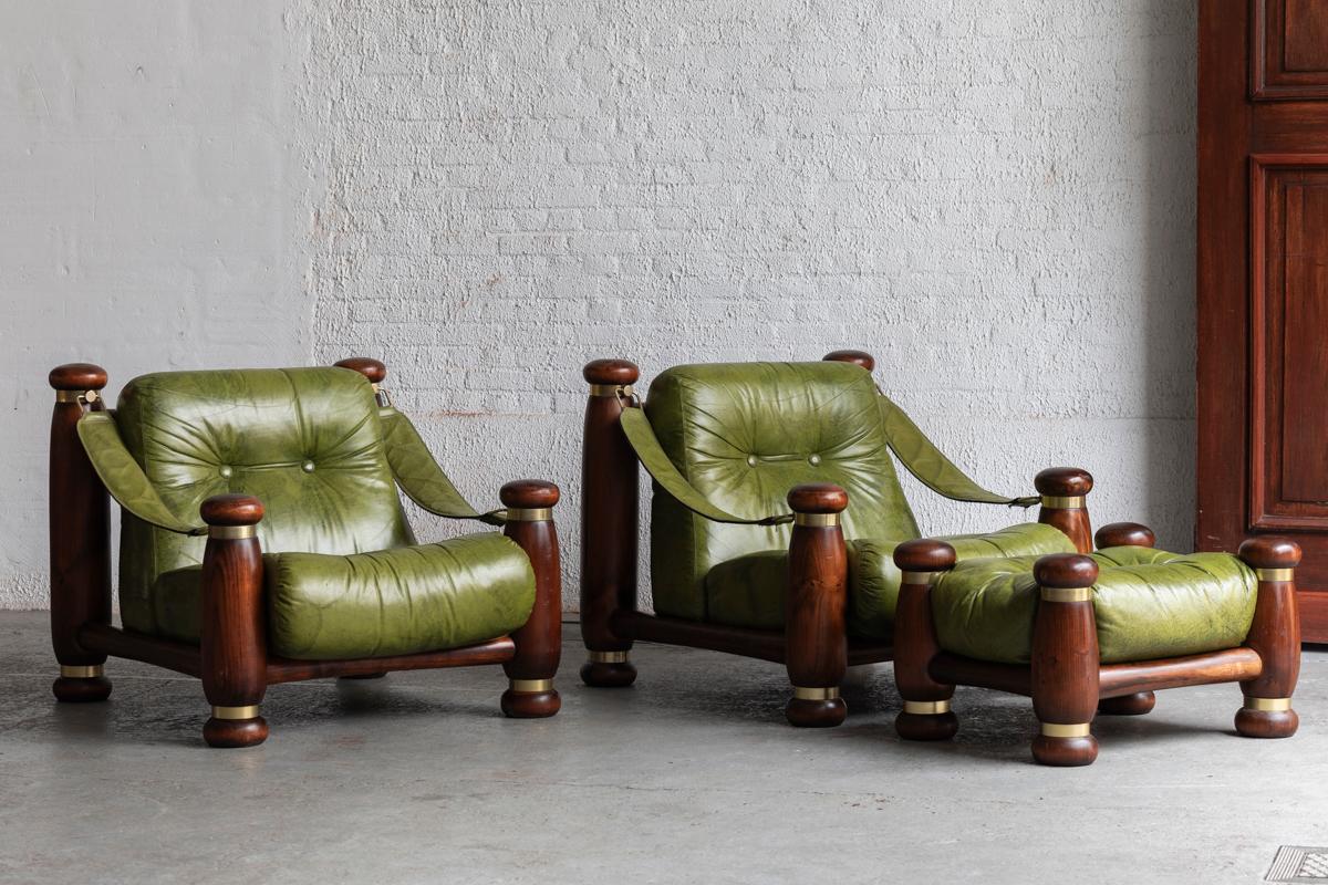 Brutalist Easy Chairs with Hocker, Green Leather & Brass Details, Italy, 1970s 14