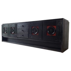 Brutalist Ebonized Oak Credenza, Black and Red, De Coene, 1970s