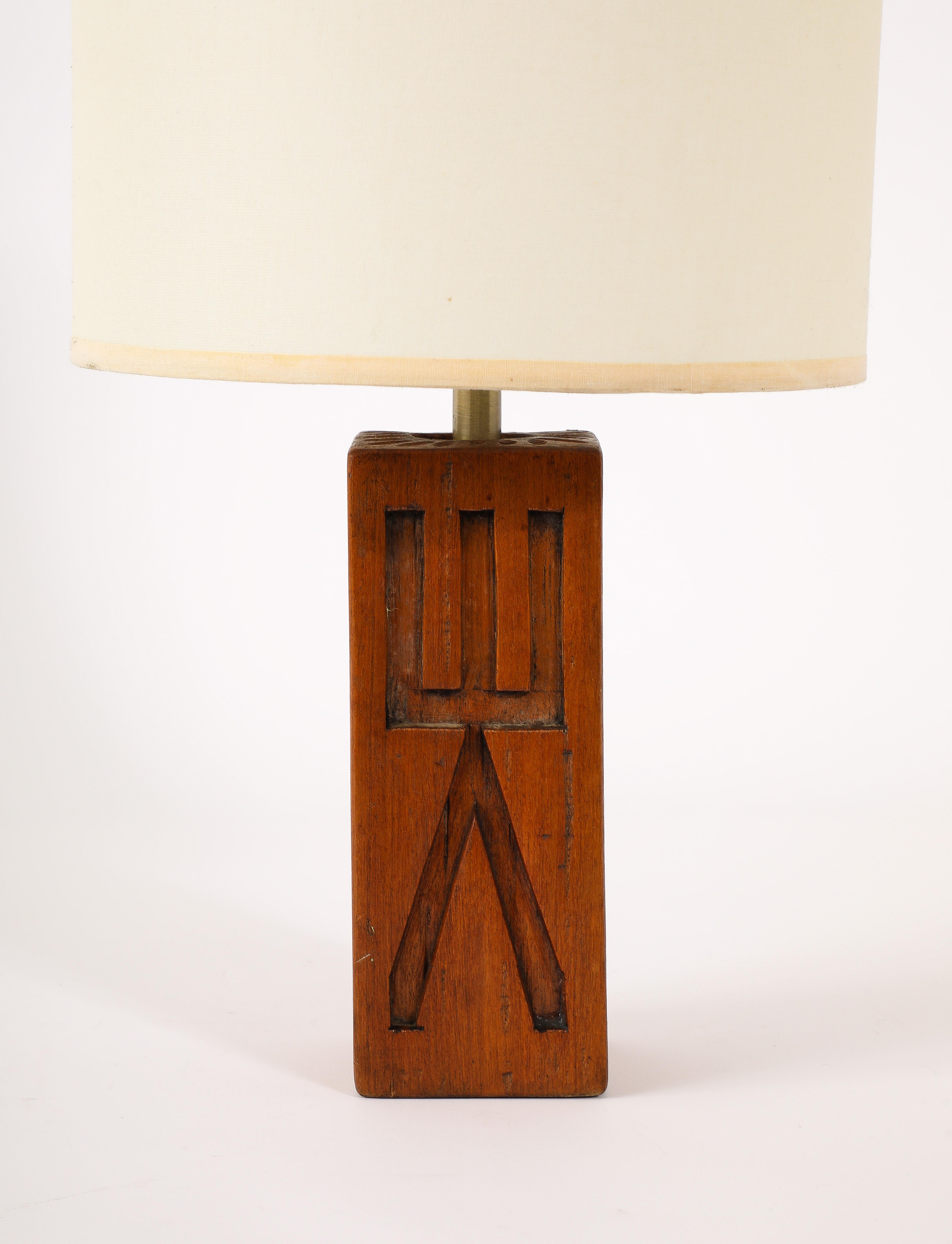 French Brutalist Elm Table Lamp, France 1950's For Sale
