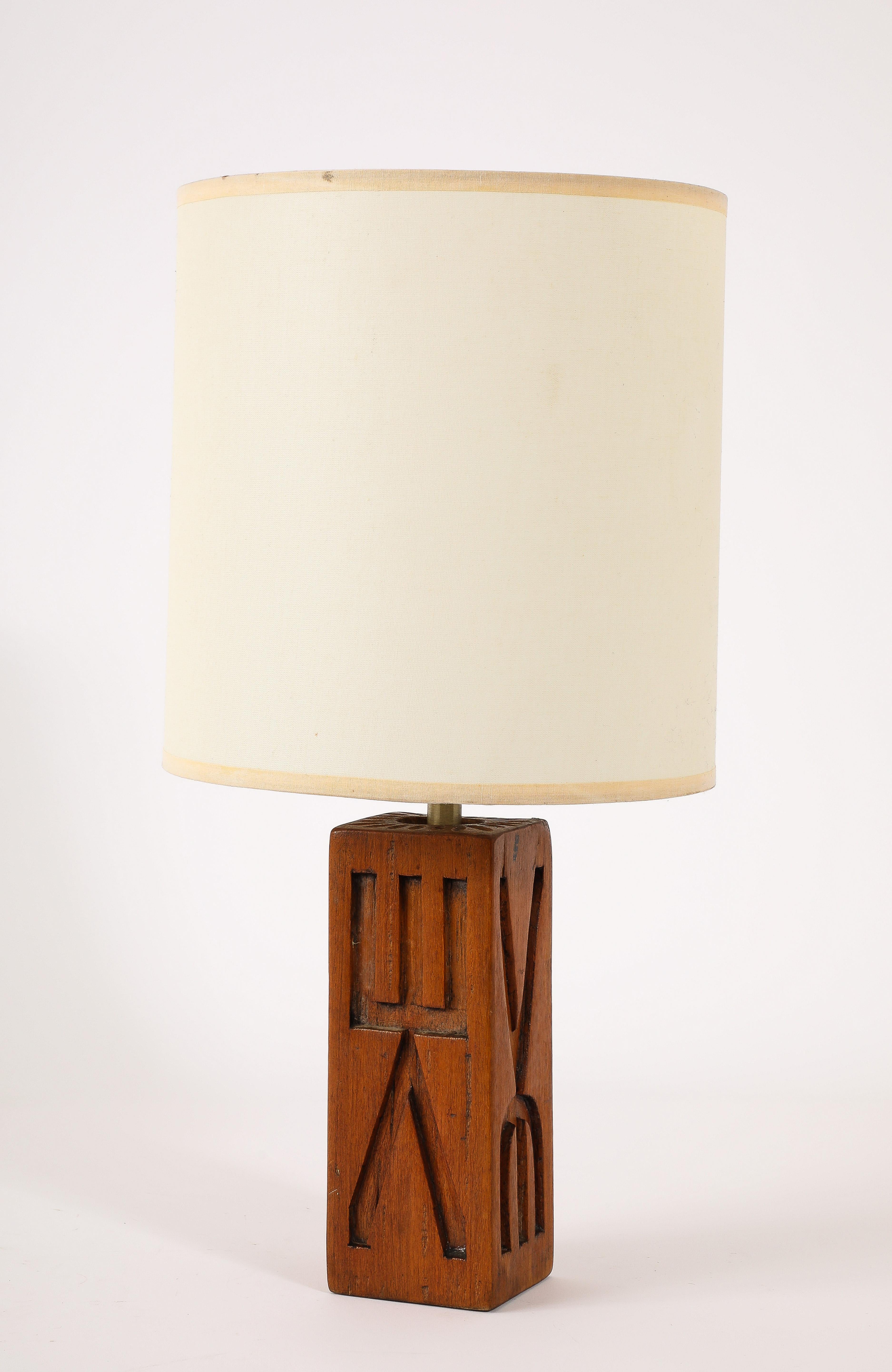 Hand-Carved Brutalist Elm Table Lamp, France 1950's For Sale