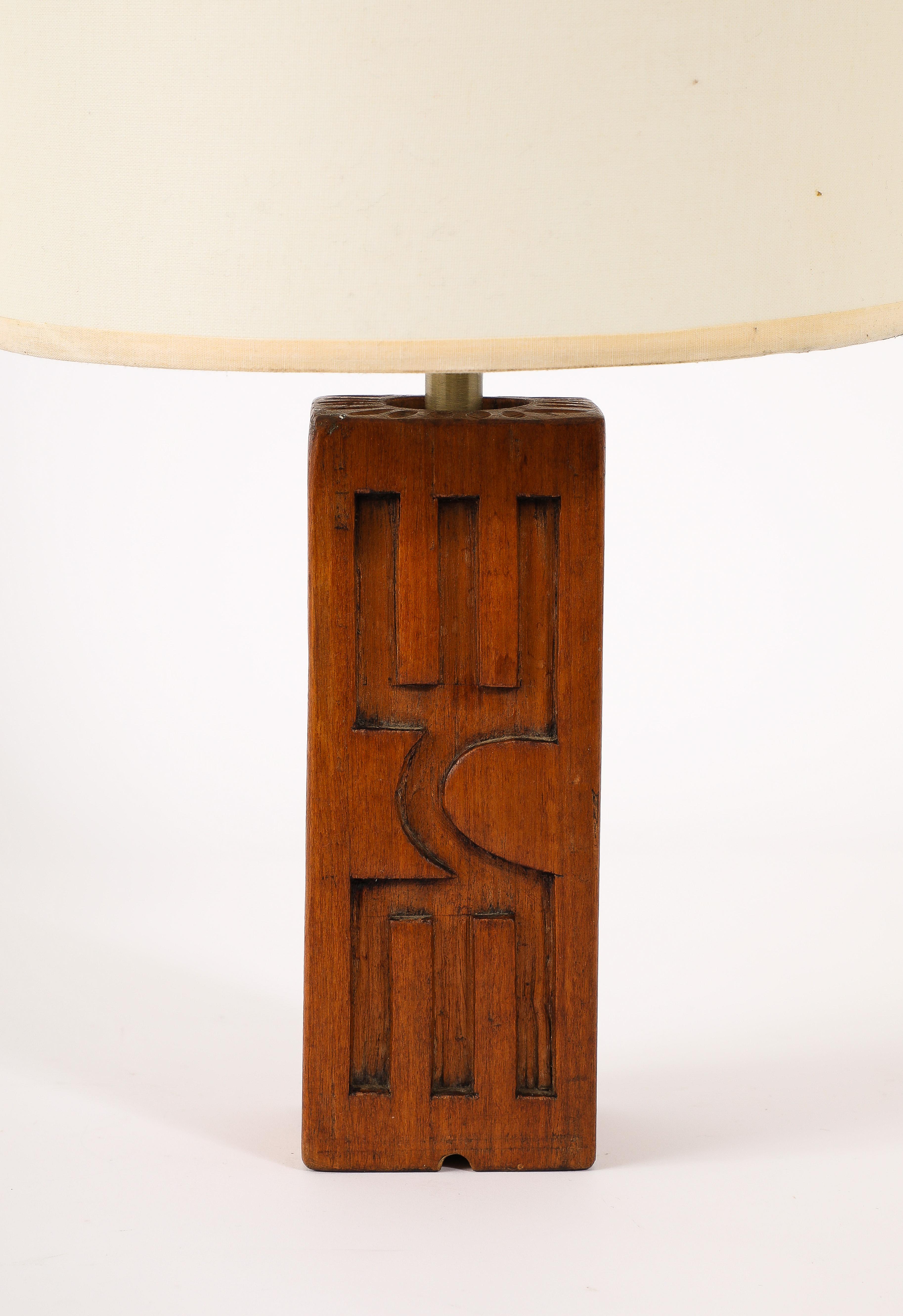 Brutalist Elm Table Lamp, France 1950's For Sale 1