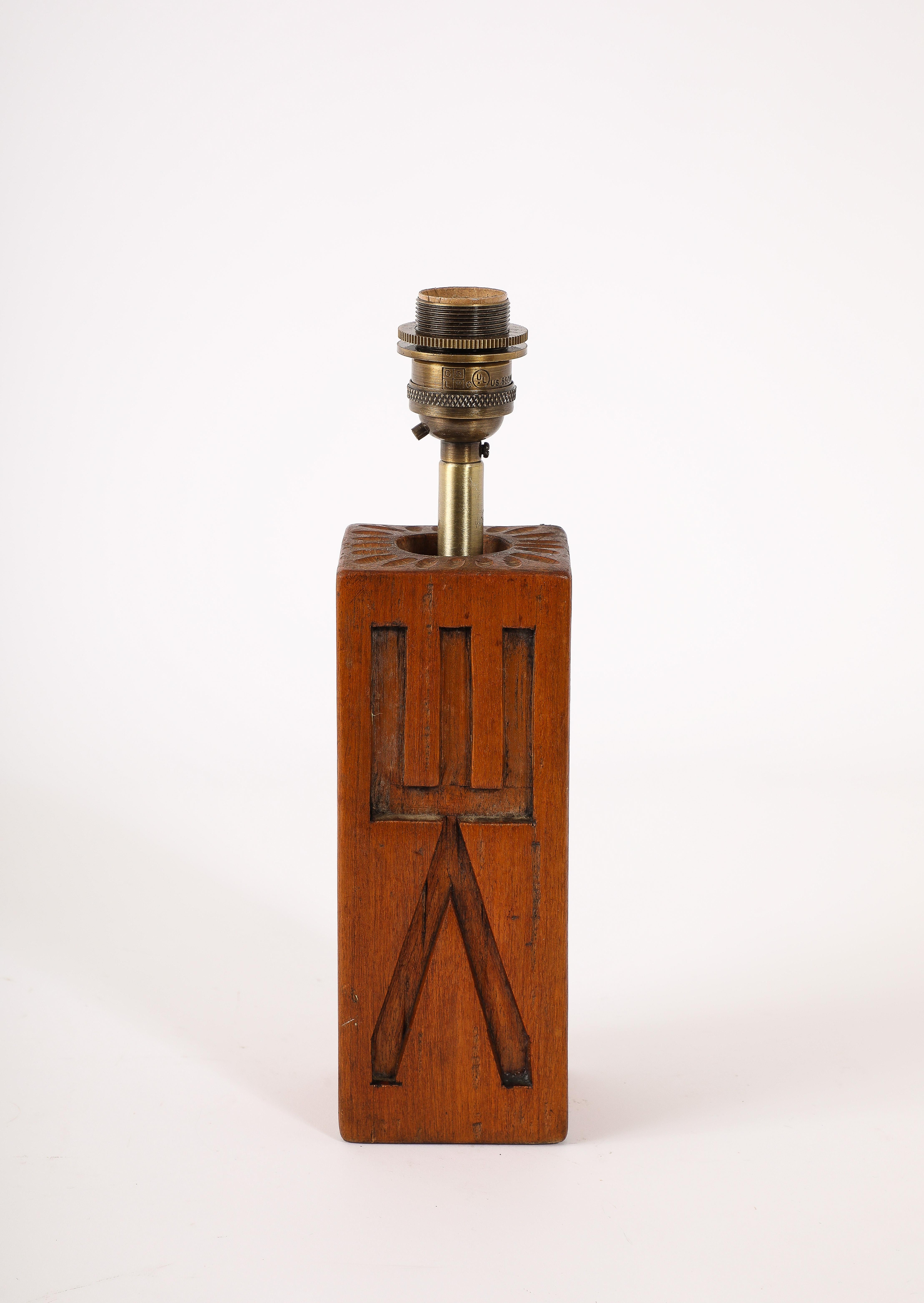 Brutalist Elm Table Lamp, France 1950's For Sale 3