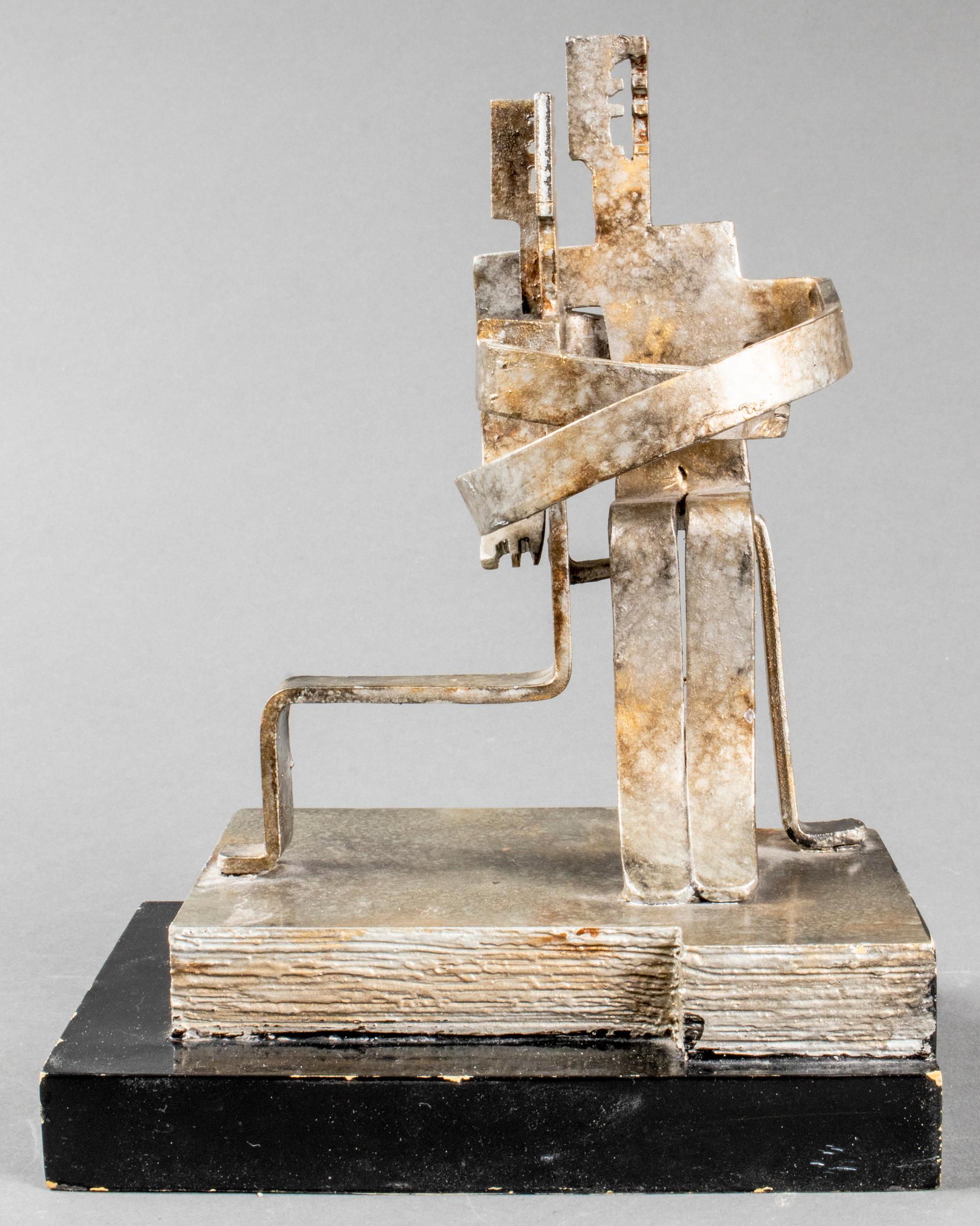 Brutalist modern metal sculpture, depicting couple of figures locked in embrace with one seated on the other's knee, mounted to stepped base. Measures: Overall: 10