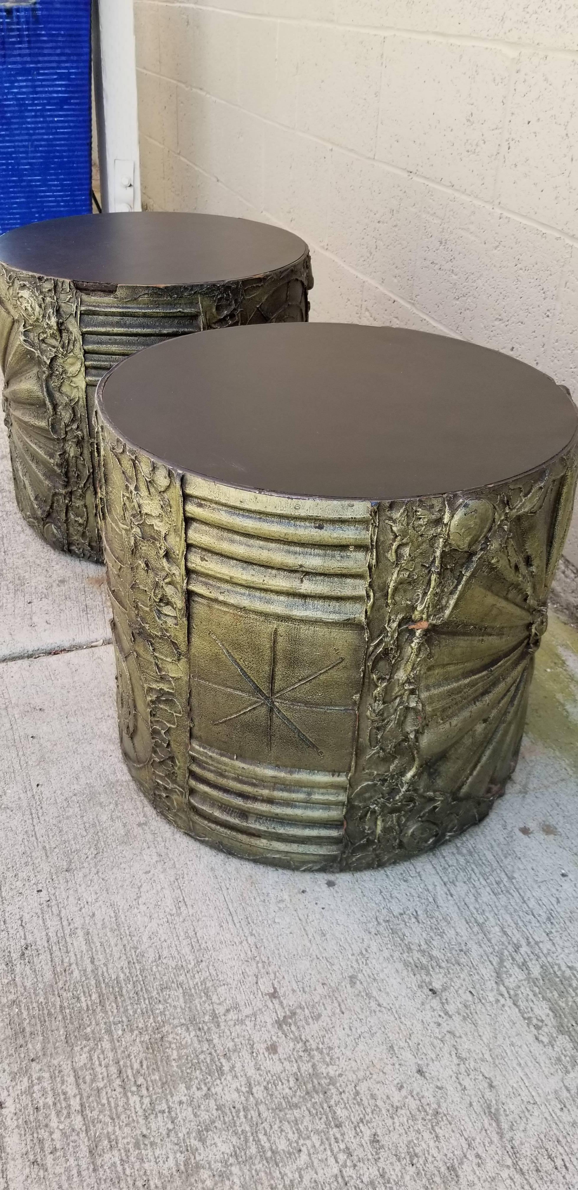 A pair of Brutalist end tables designed by Adrian Pearsall for Craft Associates, circa 1970. Original finish and condition. Display nicely, but have some areas resin loss. A glass top could be added if desired. Created in the style of Paul Evans.