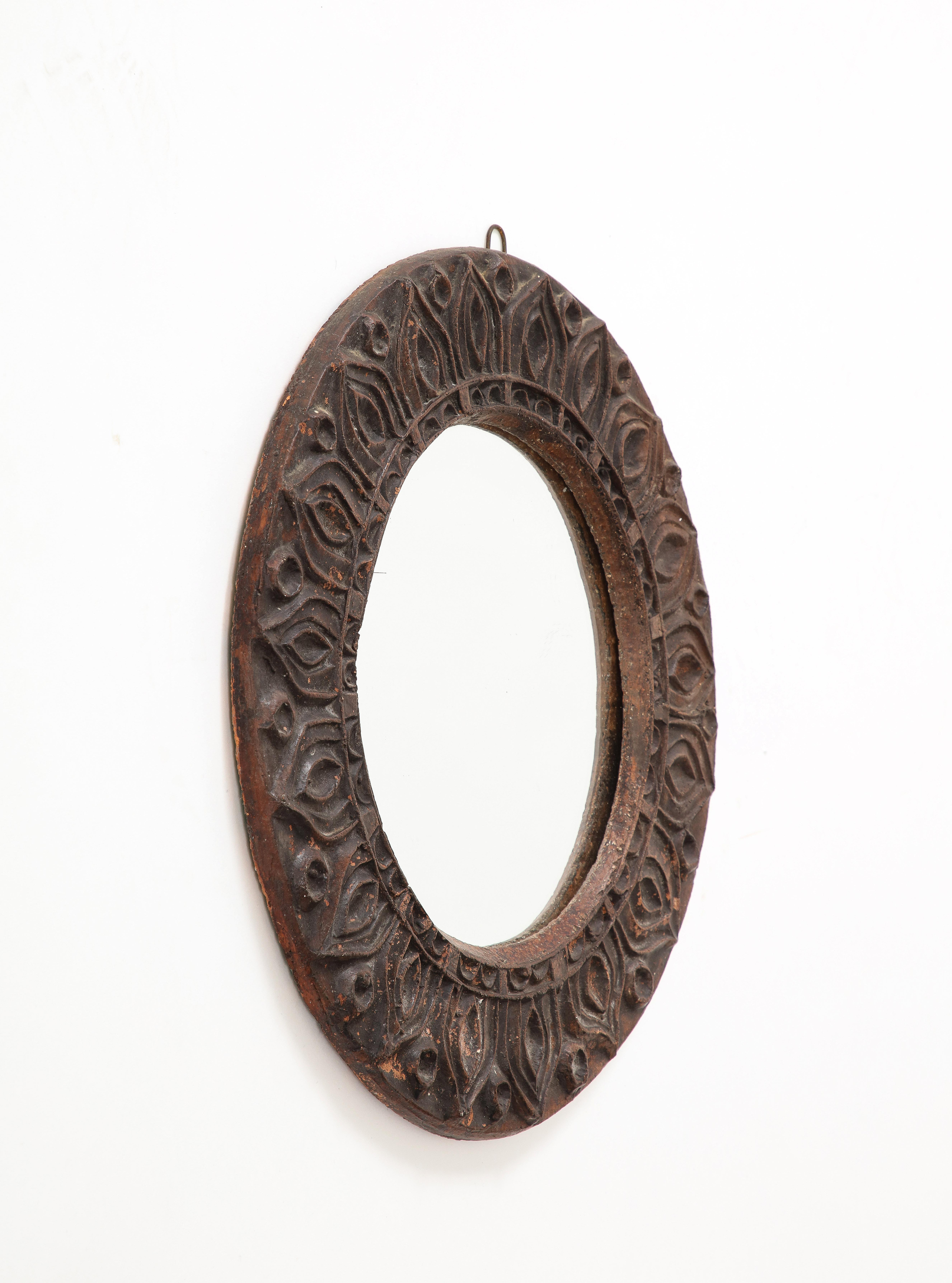 French Brutalist Etched Dark Brown Terracotta Wall Mirror, France, 1970s For Sale