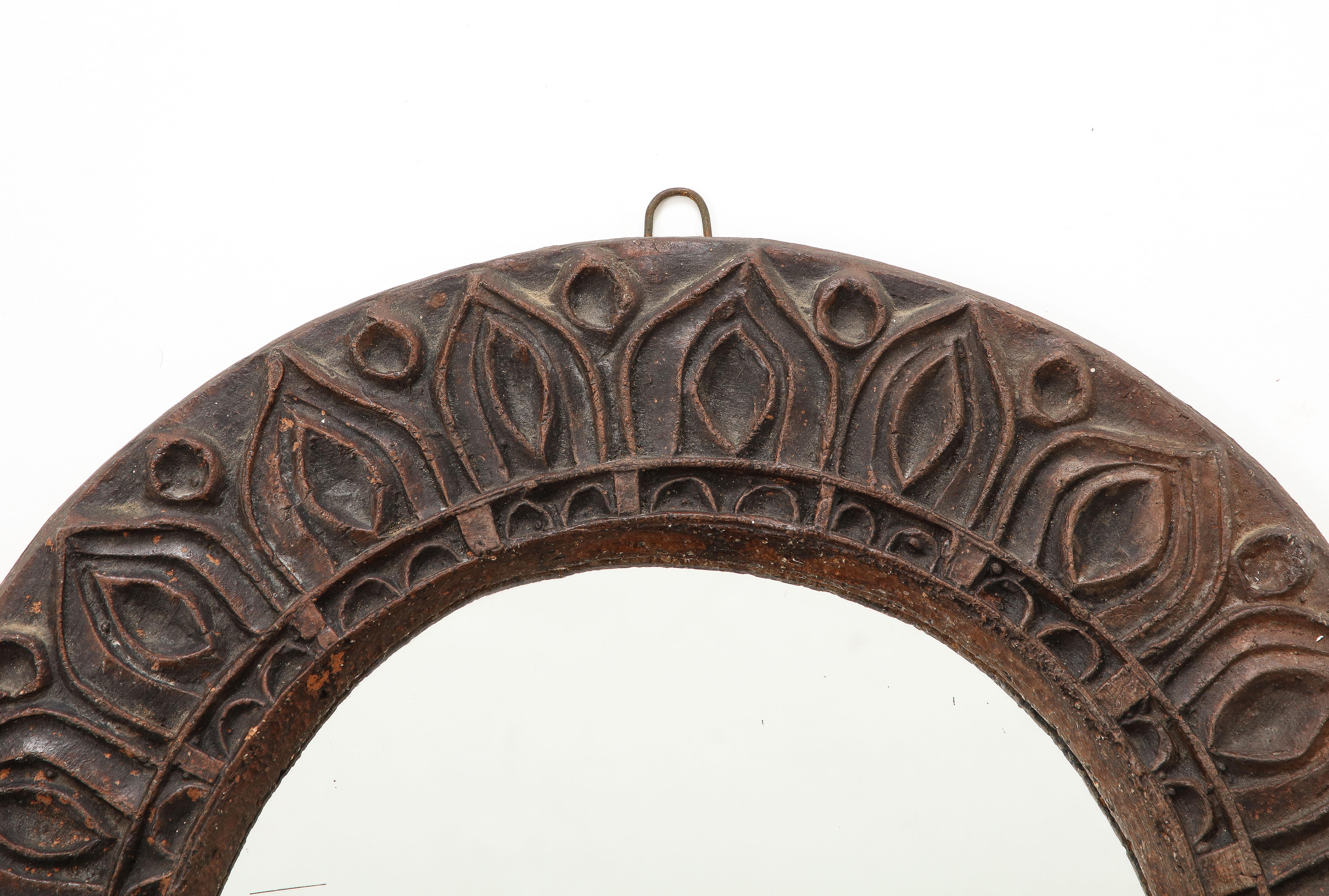 Brutalist Etched Dark Brown Terracotta Wall Mirror, France, 1970s In Fair Condition For Sale In New York, NY