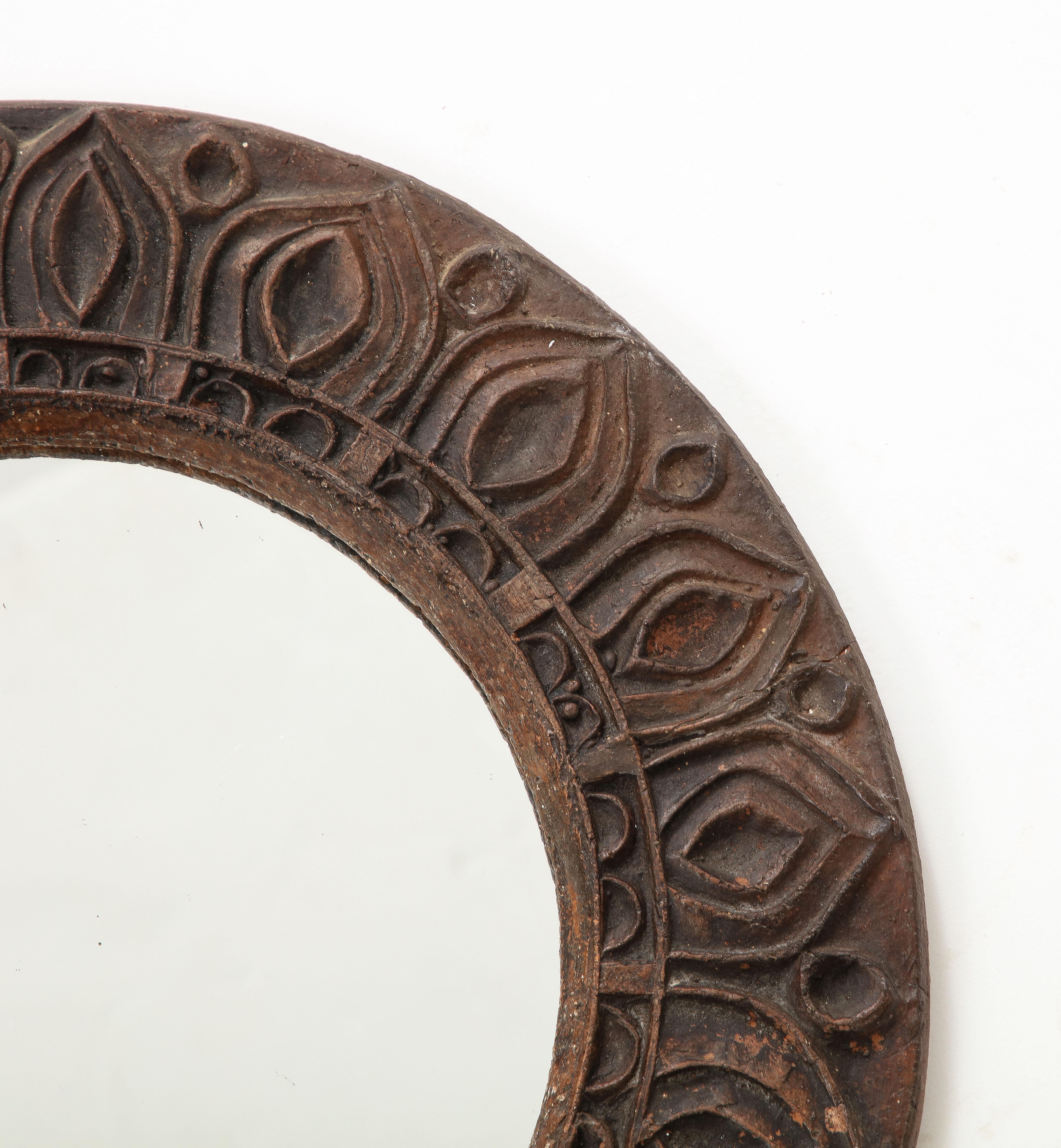 Late 20th Century Brutalist Etched Dark Brown Terracotta Wall Mirror, France, 1970s For Sale