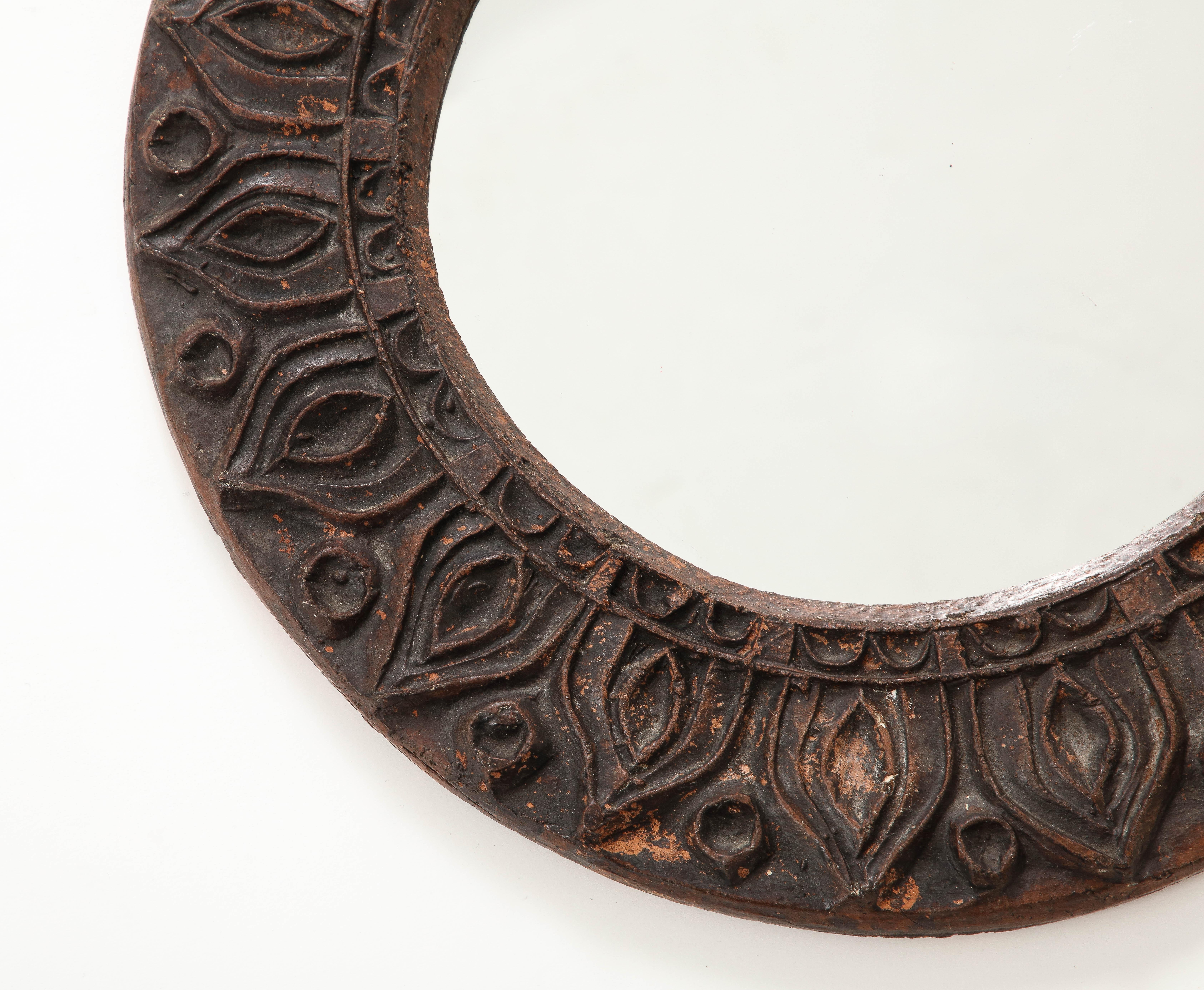 Brutalist Etched Dark Brown Terracotta Wall Mirror, France, 1970s For Sale 1