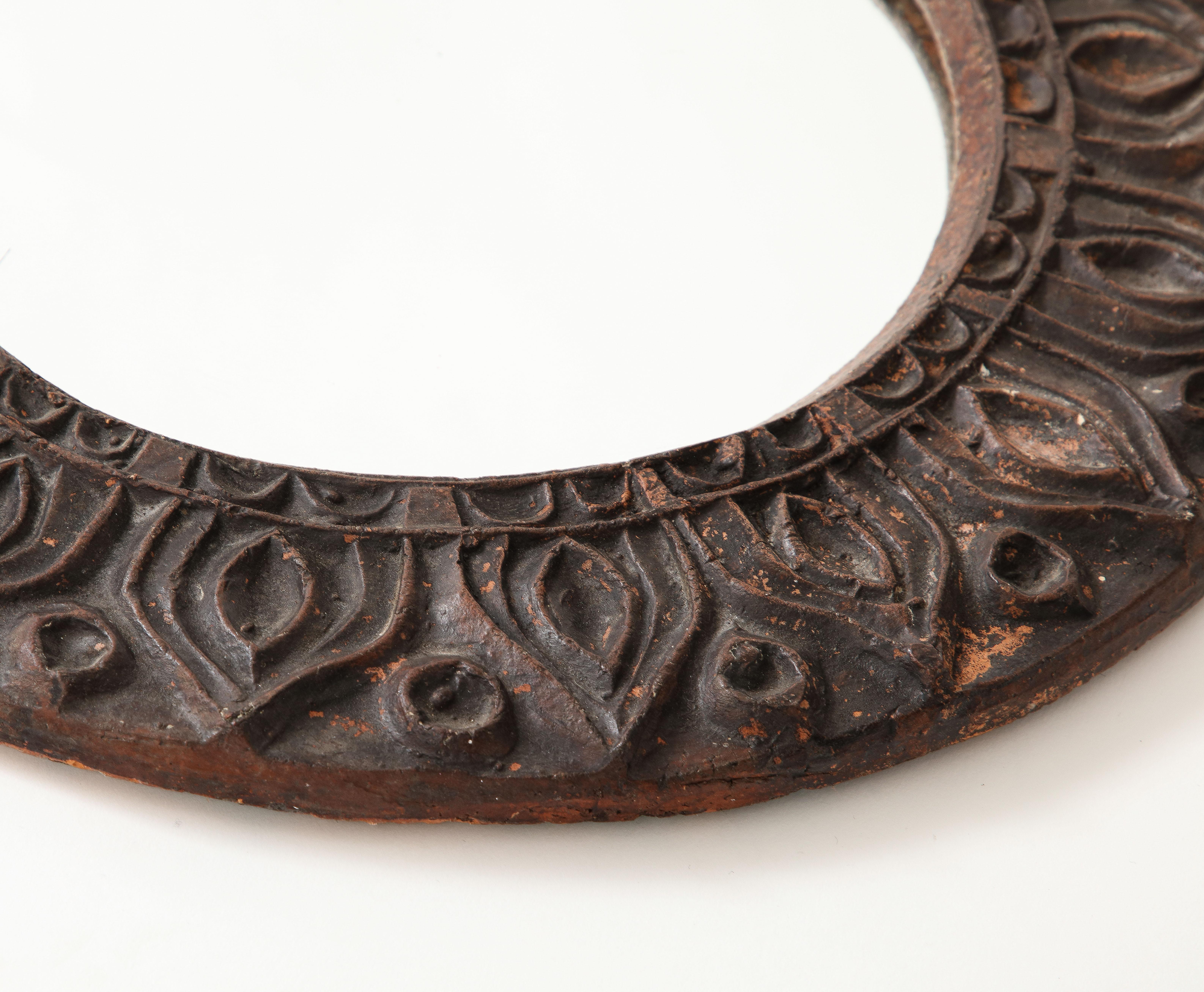 Brutalist Etched Dark Brown Terracotta Wall Mirror, France, 1970s For Sale 3