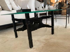 Brutalist European Glass Top Coffee Table with Sculpted Bronze Base