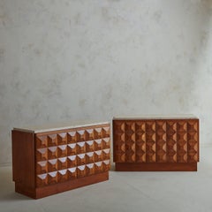 Italian Brutalist Faceted Geometric Wood Cabinet with Travertine Top