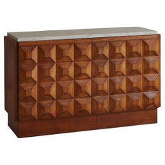 Brutalist Faceted Geometric Wood Cabinet with Travertine Top, Italy 20th Century