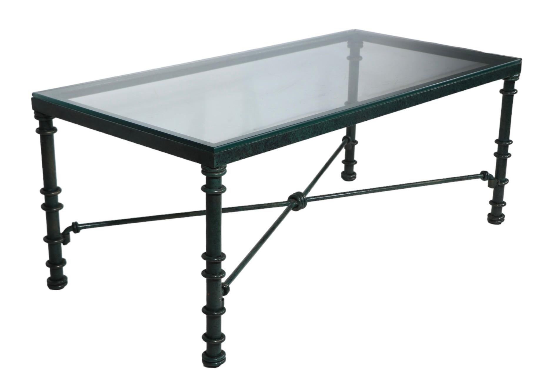 American Brutalist Faux Verdigris Finish Glass Top Coffee Table c. 1970/1980's For Sale