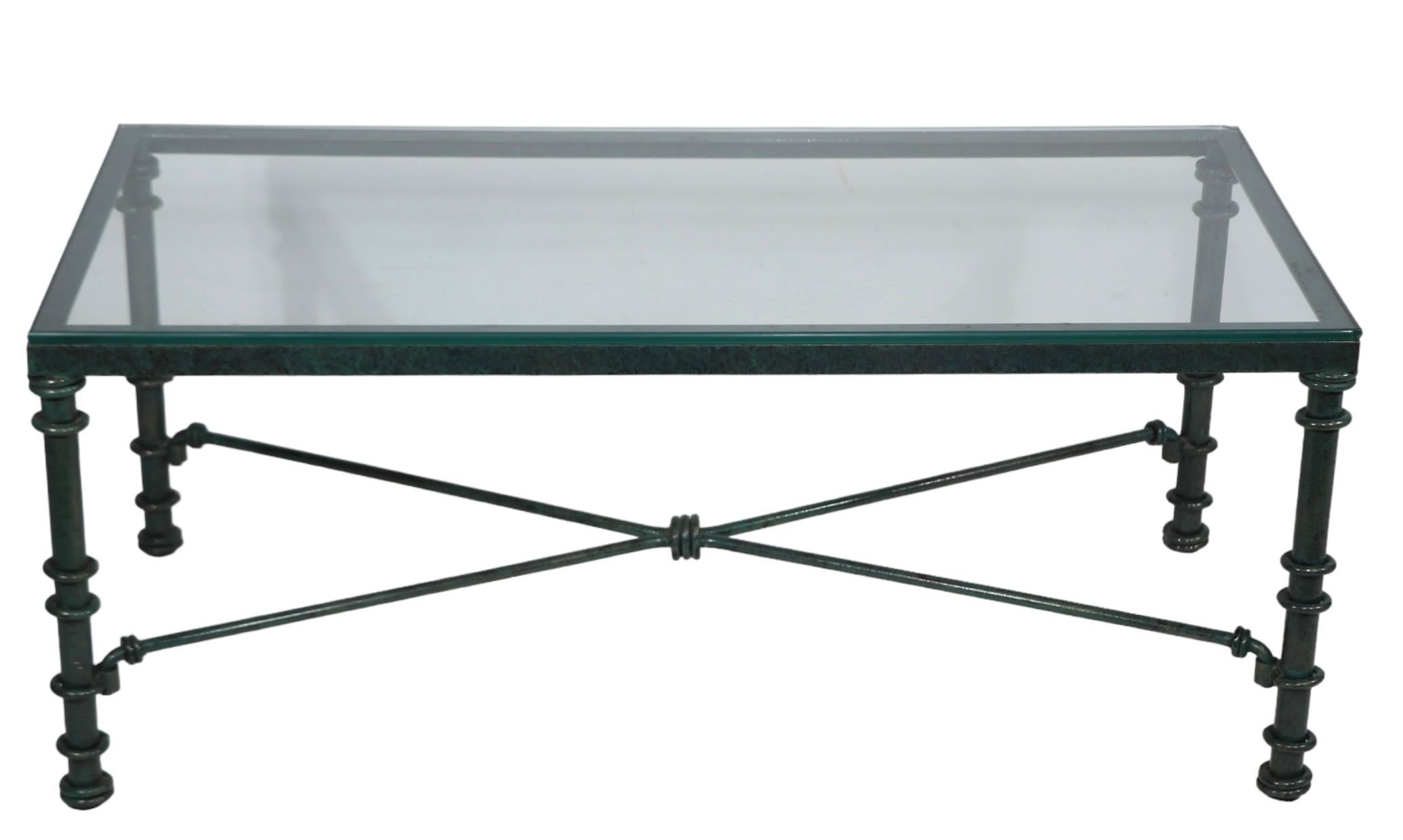 Metal Brutalist Faux Verdigris Finish Glass Top Coffee Table c. 1970/1980's For Sale