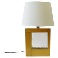 Brutalist Felice Antonio Botta Pine Wood and Glass Block Table Lamp, Italy 1970