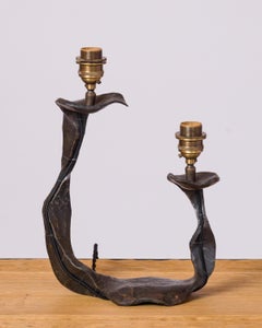 Brutalist "Fer Battu" Iron Double Arm "Ferronnerie" Table Lamp - France 1970's