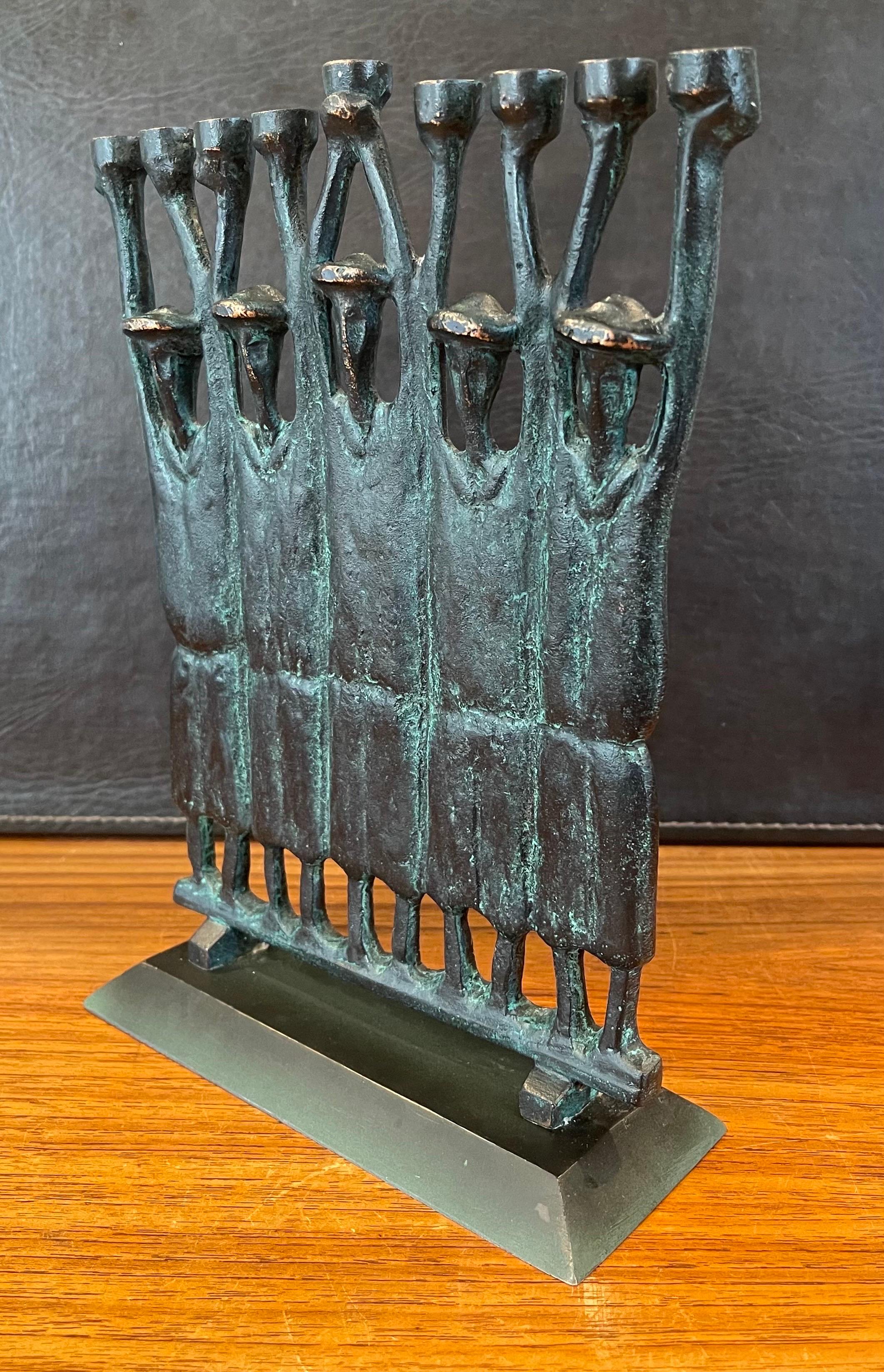 American Brutalist Figurative Rabbi Menorah in Bronze by Ruth Bloch / Block