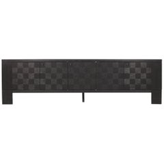 Brutalist Floating Credenza in Stained Oak with Geometric Doors by De Coene