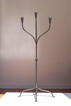 Brutalist Floor Candelabra - Tall Wrought Iron Candlestick 48" - France 1940s