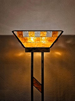 Brutalist Floor Lamp by Longobard, done in hammered glass and gilt iron