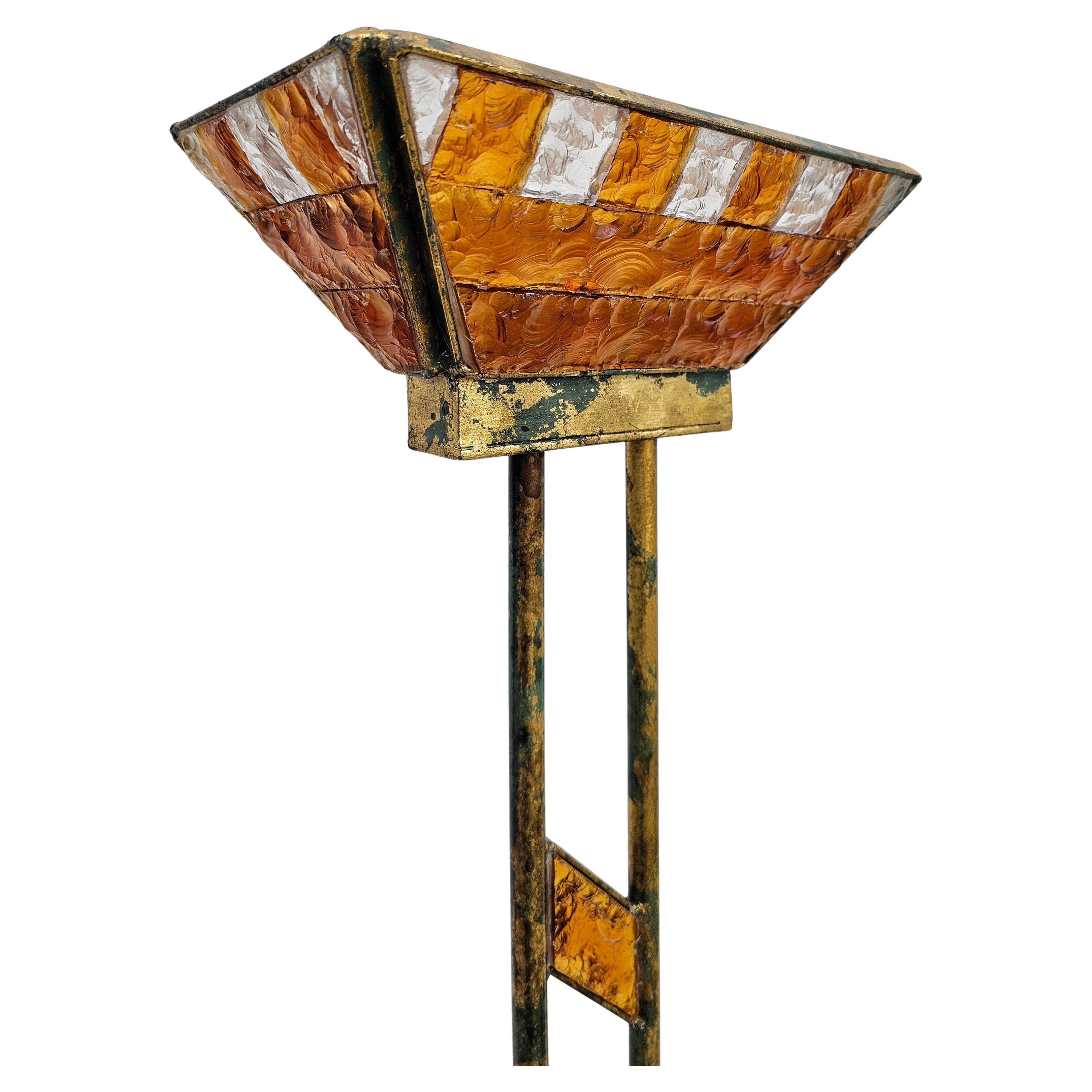 Brutalist Floor Lamp by Longobard, done in hammered glass and gilt iron
