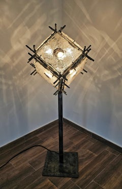 Brutalist Floor Lamp with Murano Glass Panels by Longobard