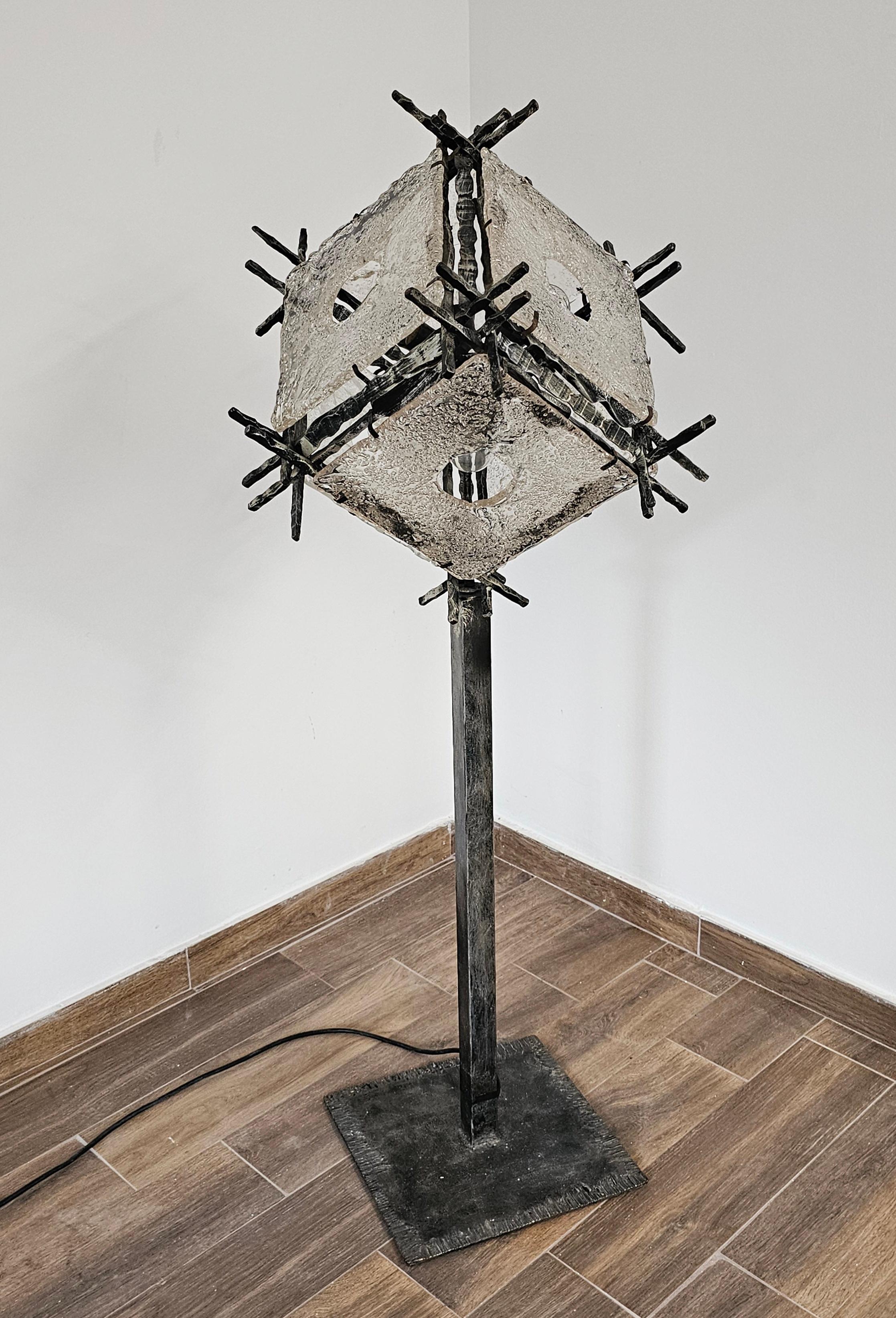 Italian Brutalist Floor Lamp with Murano Glass Panels by Albano Poli for Poliarte For Sale