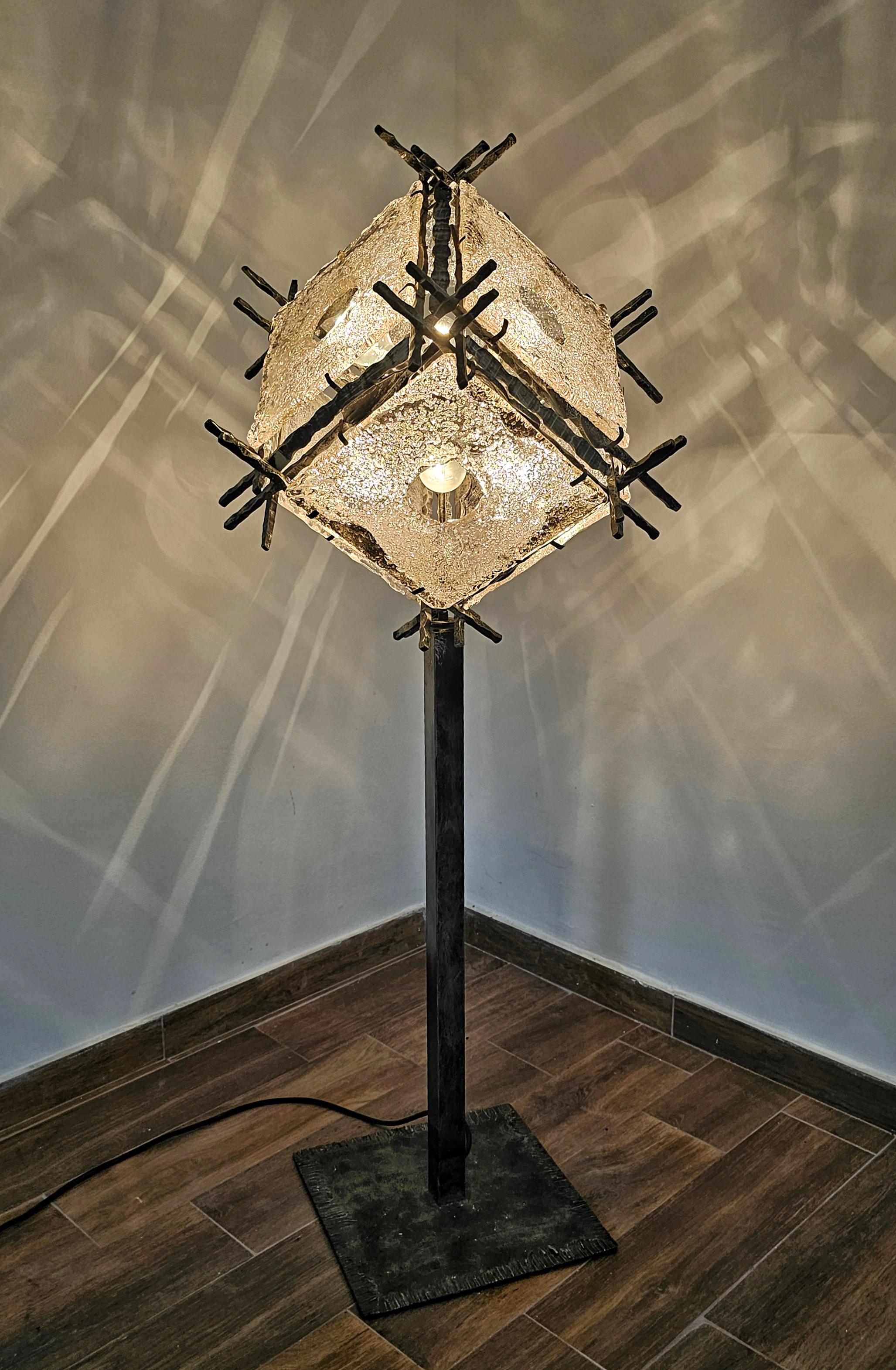 Steel Brutalist Floor Lamp with Murano Glass Panels by Albano Poli for Poliarte For Sale