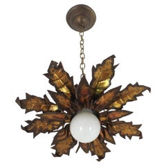 Brutalist Flower Sunburst Ceiling Light Fixture / Pendant in Gilt Iron, 1950s
