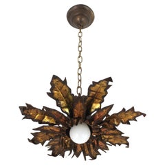 Brutalist Flower Sunburst Ceiling Light Fixture / Pendant in Gilt Iron, 1950s