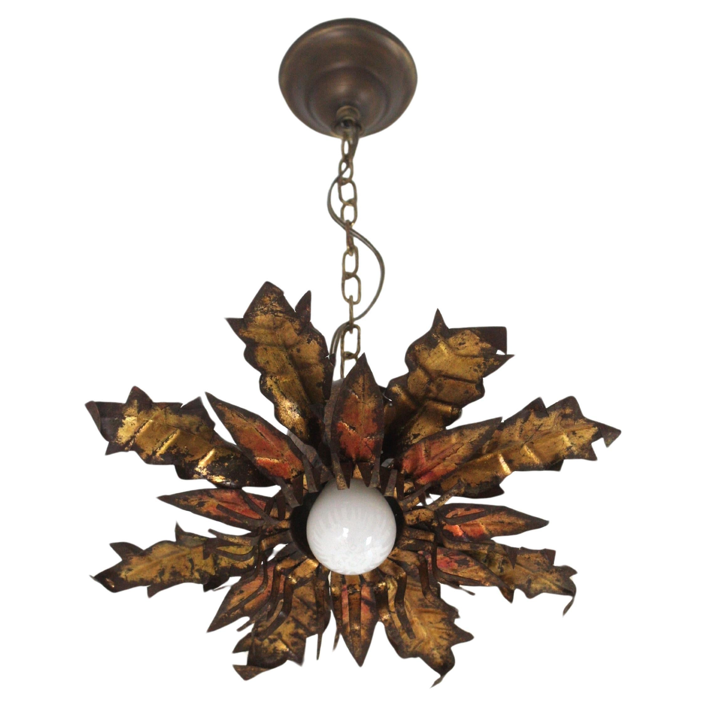 Brutalist Flower Sunburst Ceiling Light Fixture / Pendant in Gilt Iron, 1950s