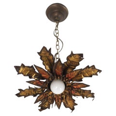 Brutalist Flower Sunburst Ceiling Light Fixture / Pendant in Gilt Iron, 1950s