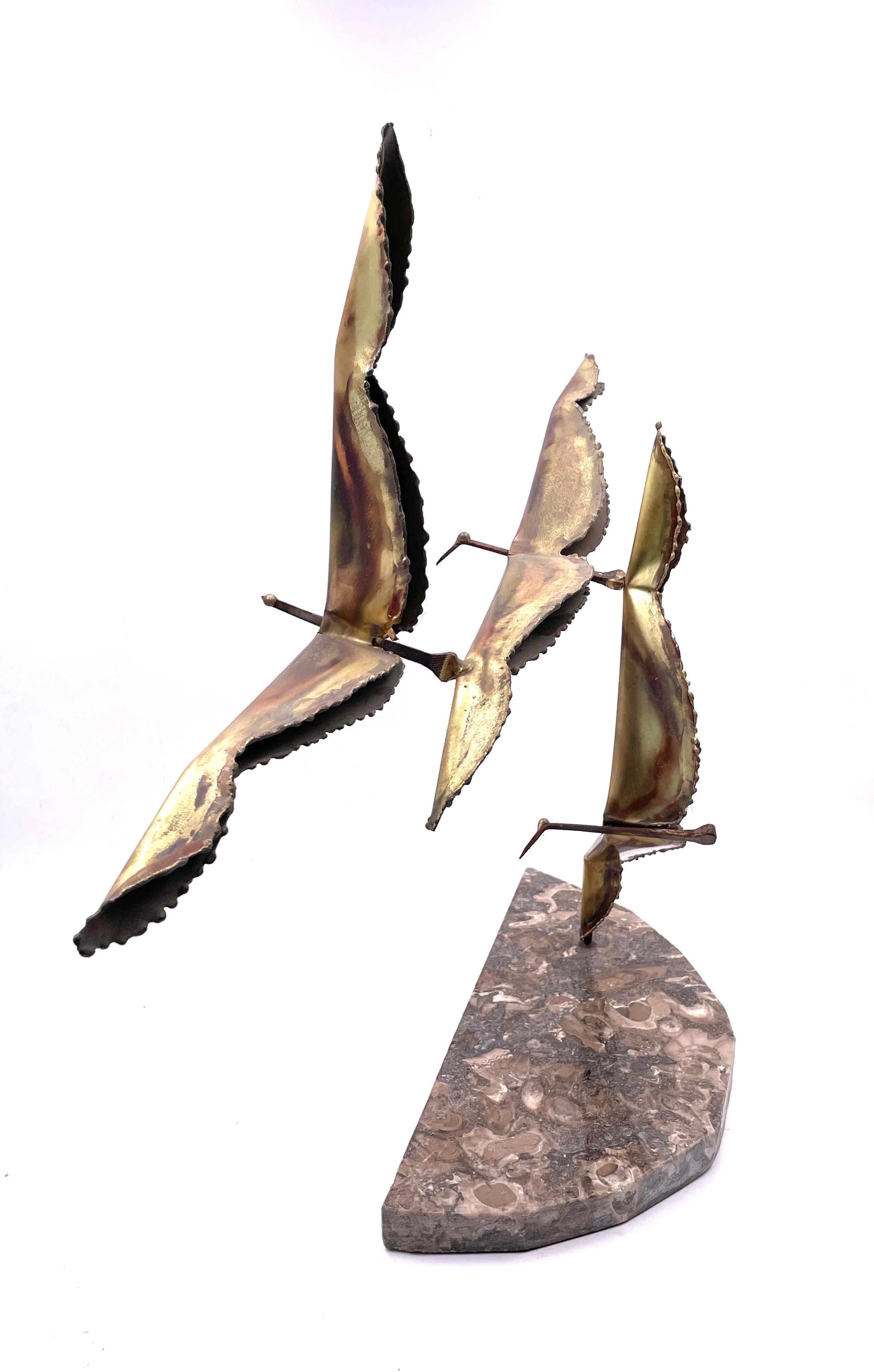 American Brutalist Flying Birds Brass & Marble Sculpture Attributed to Curtis Jere