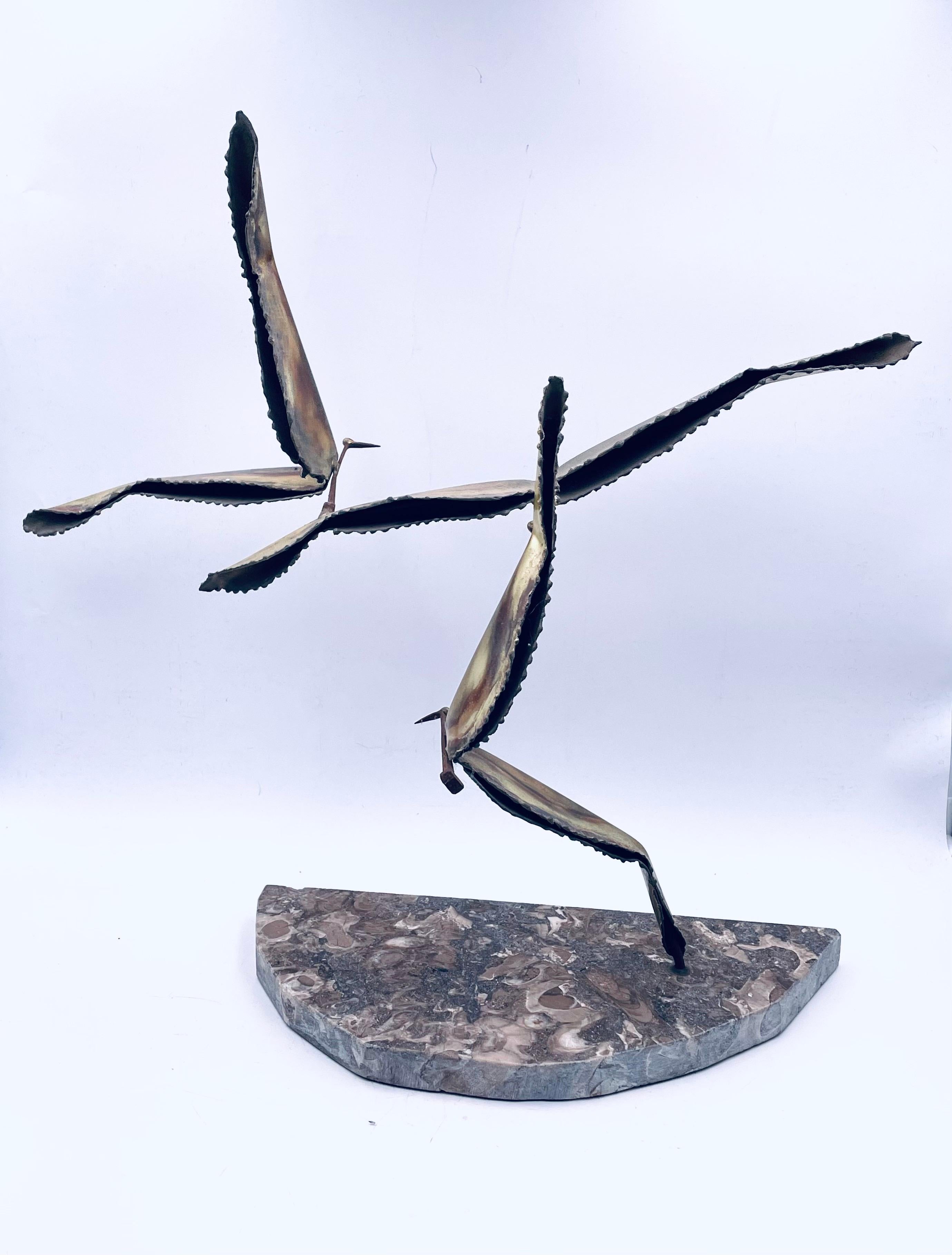 Brutalist Flying Birds Brass & Marble Sculpture Attributed to Curtis Jere 1