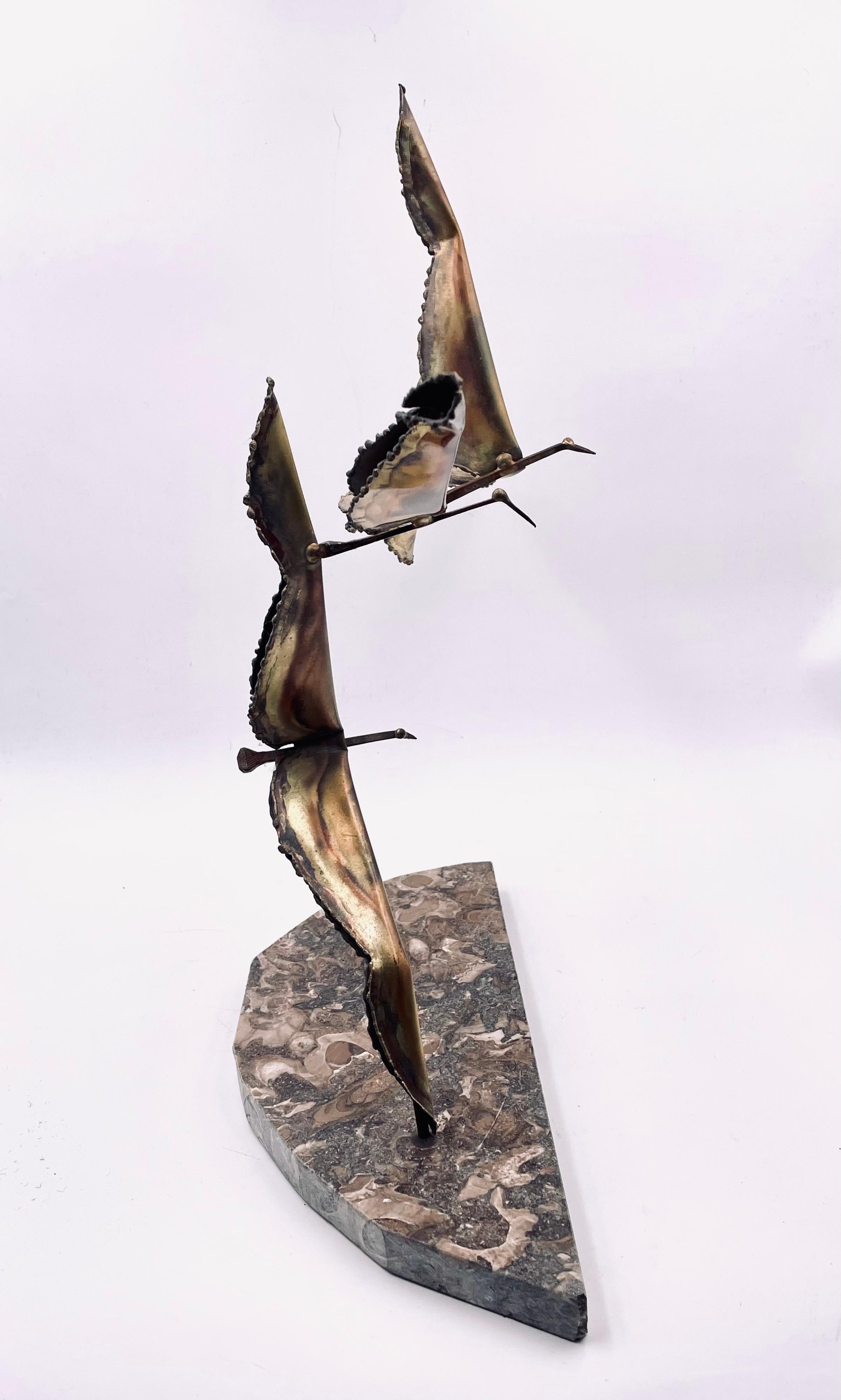 Brutalist Flying Birds Brass & Marble Sculpture Attributed to Curtis Jere 2
