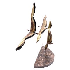 Brutalist Flying Birds Brass & Marble Sculpture Attributed to Curtis Jere